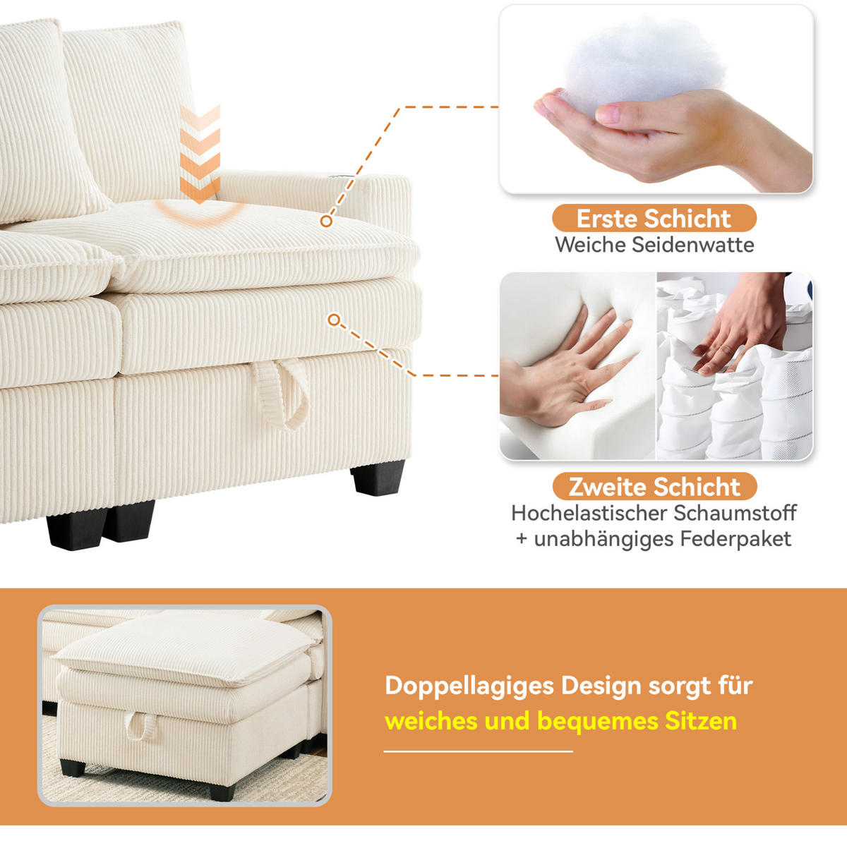 WOHNLANDSCHAFT Cord mit 2 Hockern und USB-Anschluss Stauraum 280/151/82 cm Beige - Beige, Kunststoff/Textil (82/280/151cm) - Redom