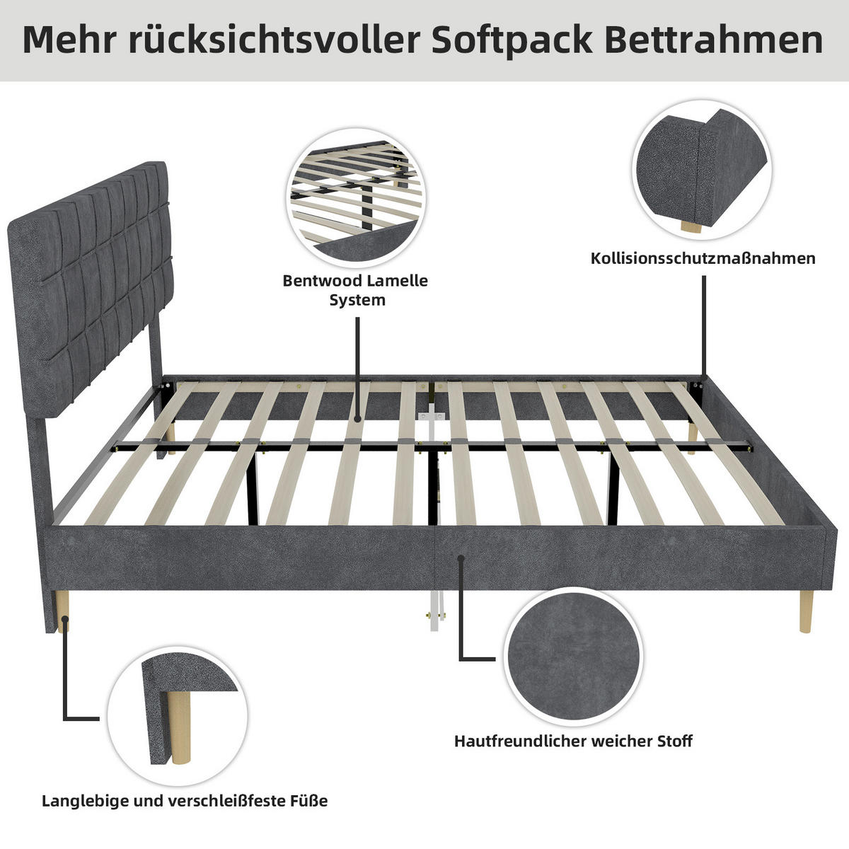 ČALOUNĚNÁ postel 160/200 cm šedá z sametu s prošívaným čelem a dřevěnými nohami - šedá, textil (160/200cm) - OKWISH