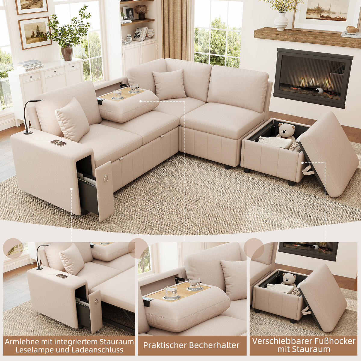 5-SITZER ECKSOFA Leinen Beige mit Schlaffunktion, USB, Type-C und Hocker - Beige, Holzwerkstoff/Kunststoff (213/184cm) - WISHDOR