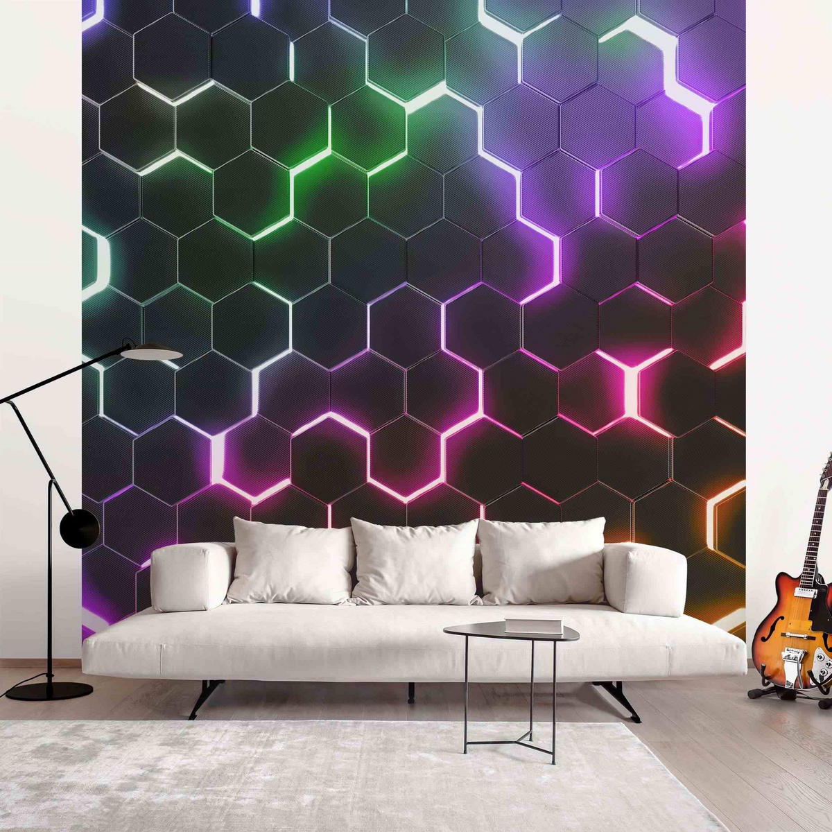 FOTOTAPETE Strukturierte Hexagone mit Neonlicht 240/240 cm - Multicolor, Papier (240/240cm) - Bilderwelten