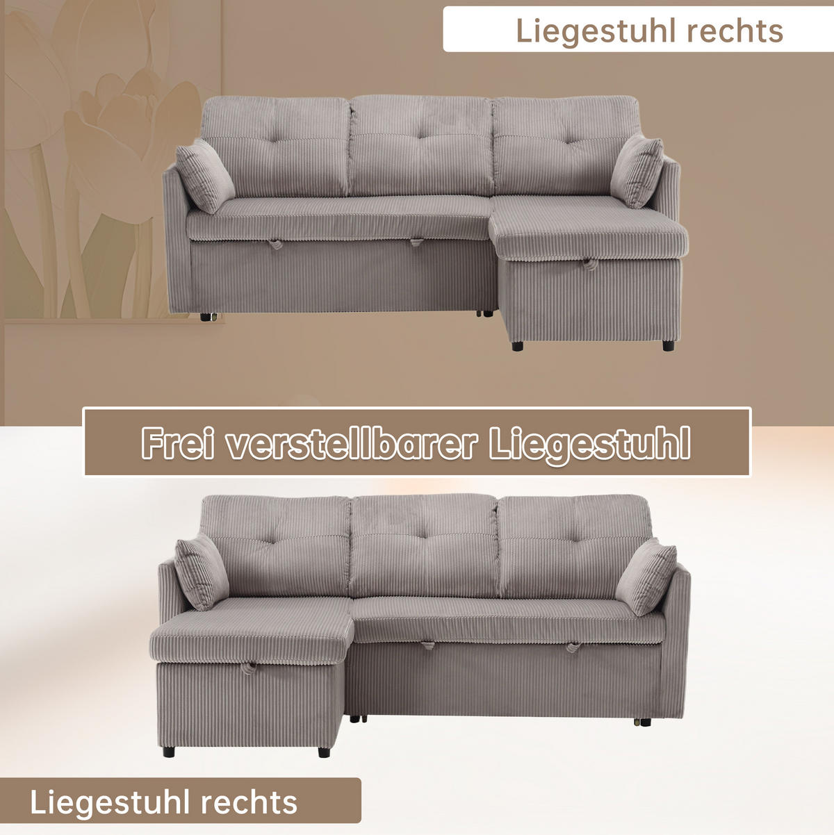 ECKSCHLAFSOFA Cord modular mit Stauraum und Seitenfächern Hellgrau 206/108/66 cm - Hellgrau, Textil (108/206cm) - Redom