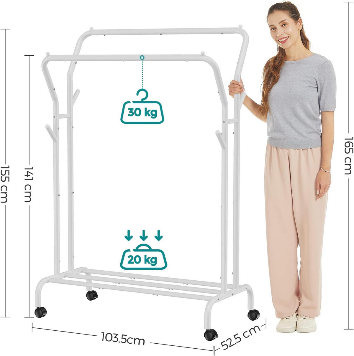KLEIDERSTÄNDER auf rädern, weiß - Weiß, Metall (103.5/155/52.5cm) - A2A Home