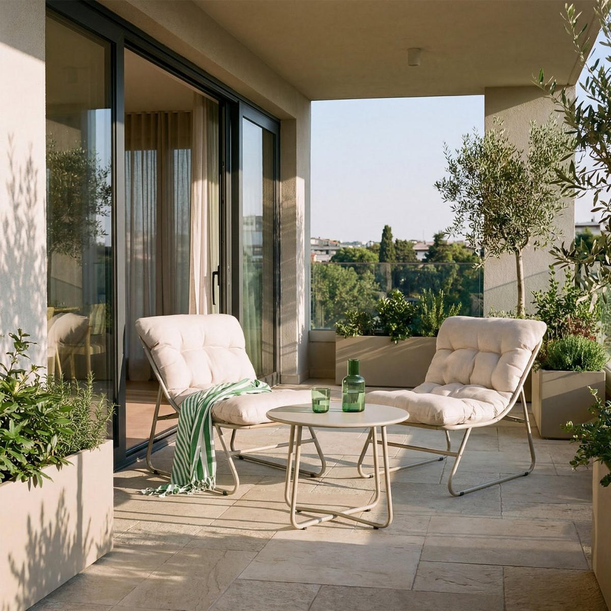 GARTEN-SET mit 2 Sesseln und Couchtisch aus beigem Metall Kiet - Beige, Metall - Klast Home