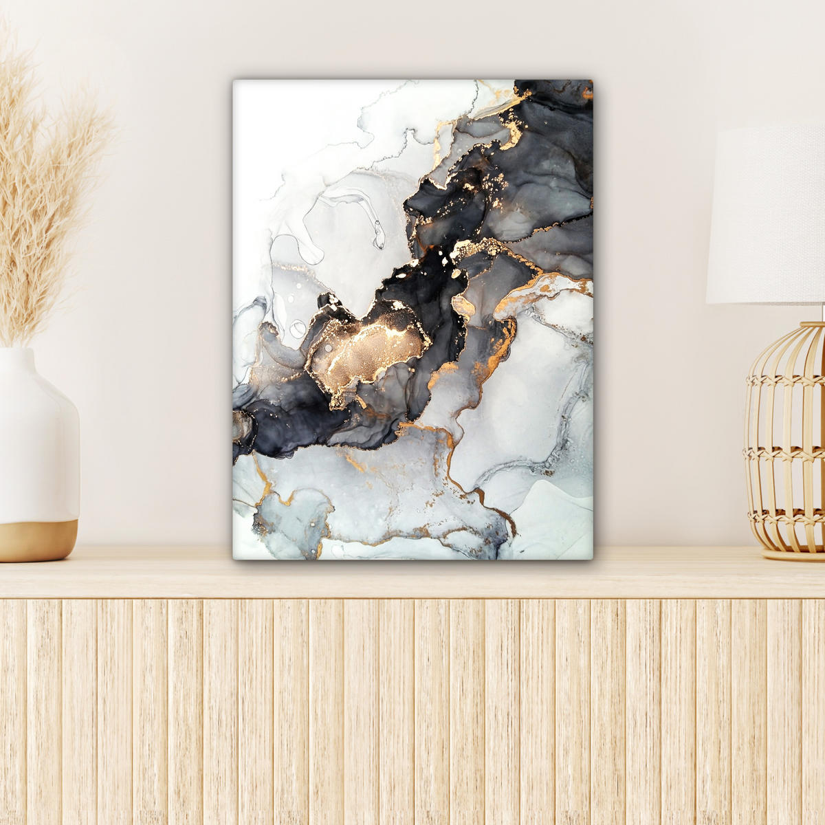LEINWANDBILD Marmor - Schwarz - Weiß - Gold - Luxus - Abstrakt 30x40 cm - Goldfarben, Textil (30/40cm) - MuchoWow
