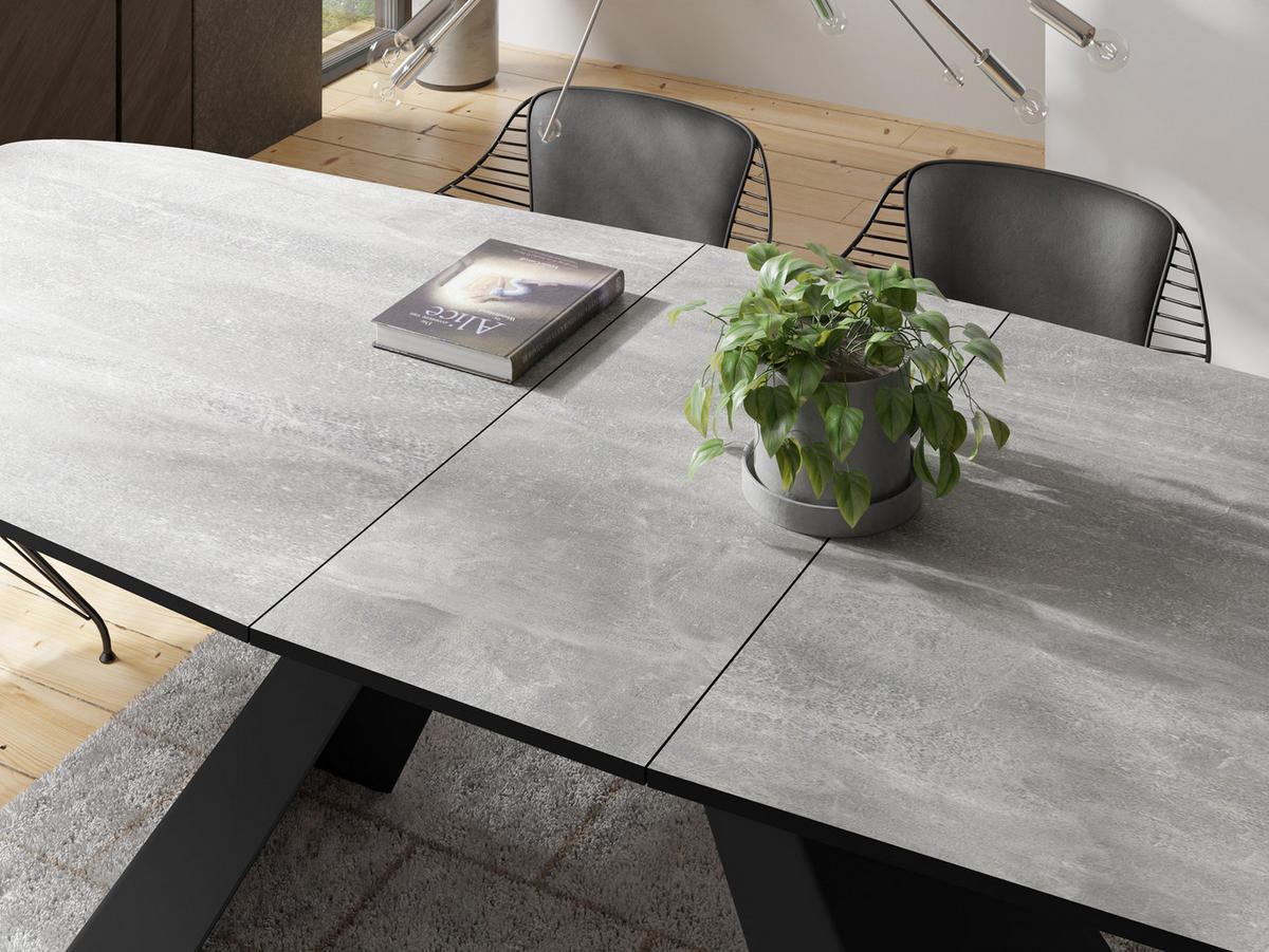 ESSTISCH Monte rechteckig ausziehbar, Grauer Beton 160-200/80/76 cm - Hellgrau/Schwarz, Holzwerkstoff/Metall (160/80/76cm) - WFL GROUP