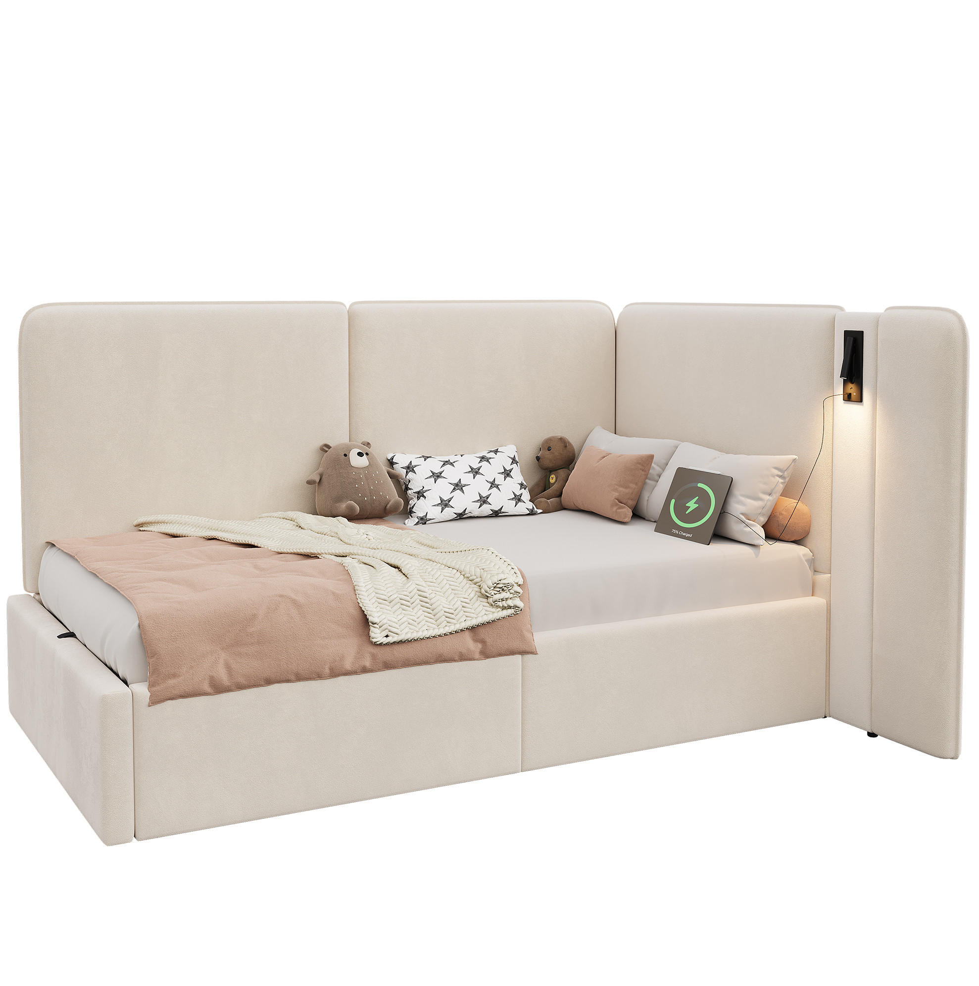 POLNJENA postelja iz žameta 90x200 cm bež s hidravličnim predalom, bralno svetilko, USB in Type-C priključkom - bež, tekstil (90/200cm) - Modfu