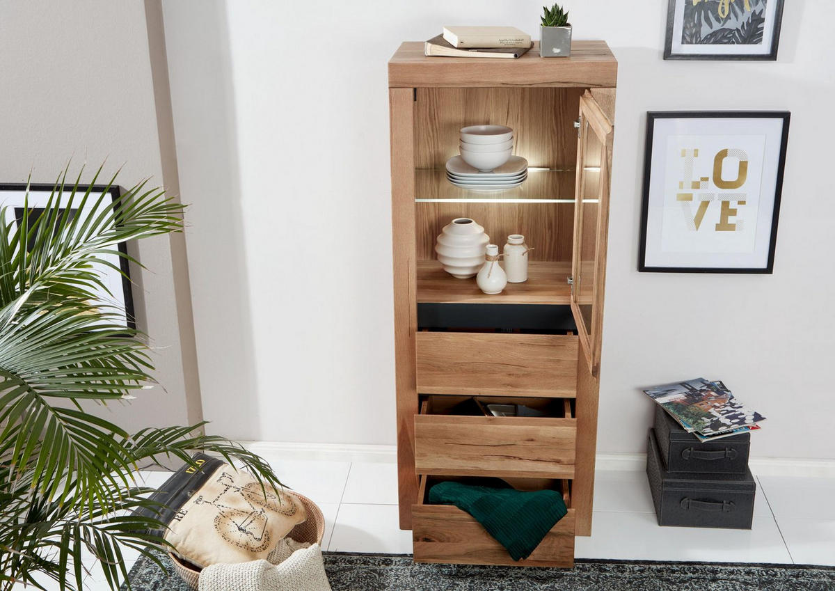 VITRINE Wild-/Zerreiche 62x42x150 natur geölt MONTREUX #122 - Braun, Holz (62/150/42cm) - Massivmoebel24