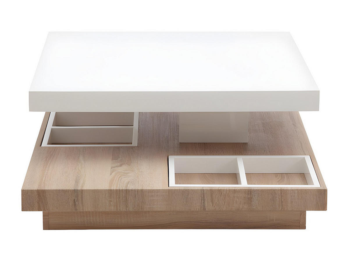 COUCHTISCH mit drehbarer Tischplatte - MDF - Weiß lackiert & Eichefarben - FAUSTO II - Naturfarben, Holz (80/80/34cm) - Vente-Unique