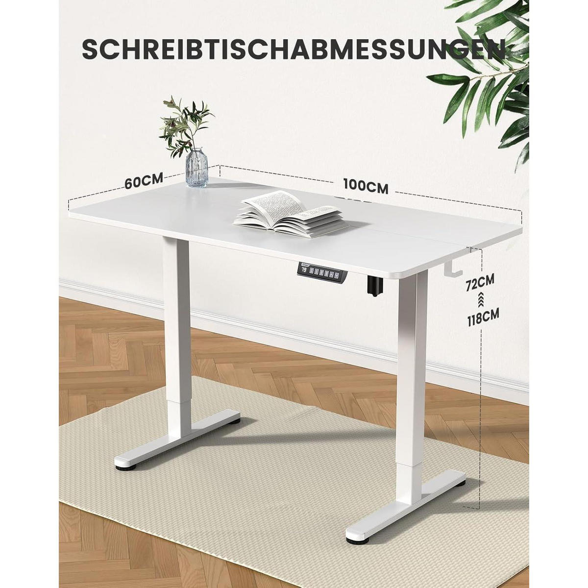 SCHREIBTISCH höhenverstellbar elektrisch 100 x 60 cm Weiß - Weiß, Metall (100/60/72cm)