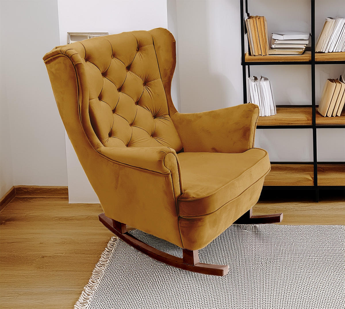 SCHAUKELSESSEL mit gepolstertem Sitz und Armlehnen, 102x81x95 cm, Olive_29817 - Dunkelgelb/Braun, Holz/Textil (81/102/95cm) - DomoHome