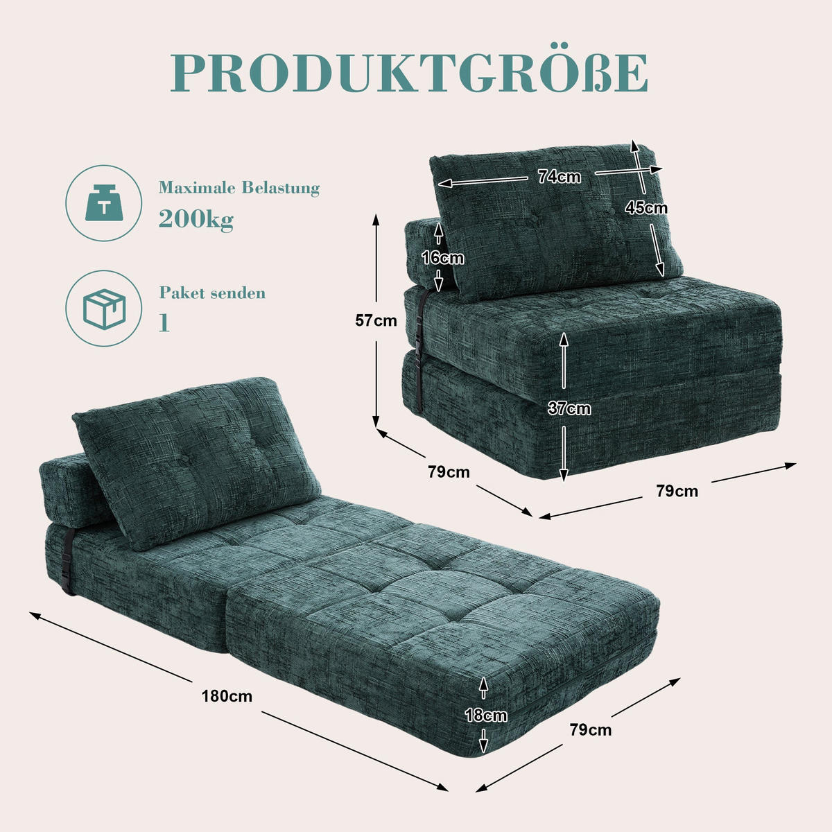 KLAPPBARER Chenille-Sessel mit Kissen, 79 x 79 x 57 cm, Grün - Dunkelgrün, Textil (79/57/79cm) - Urban Meuble