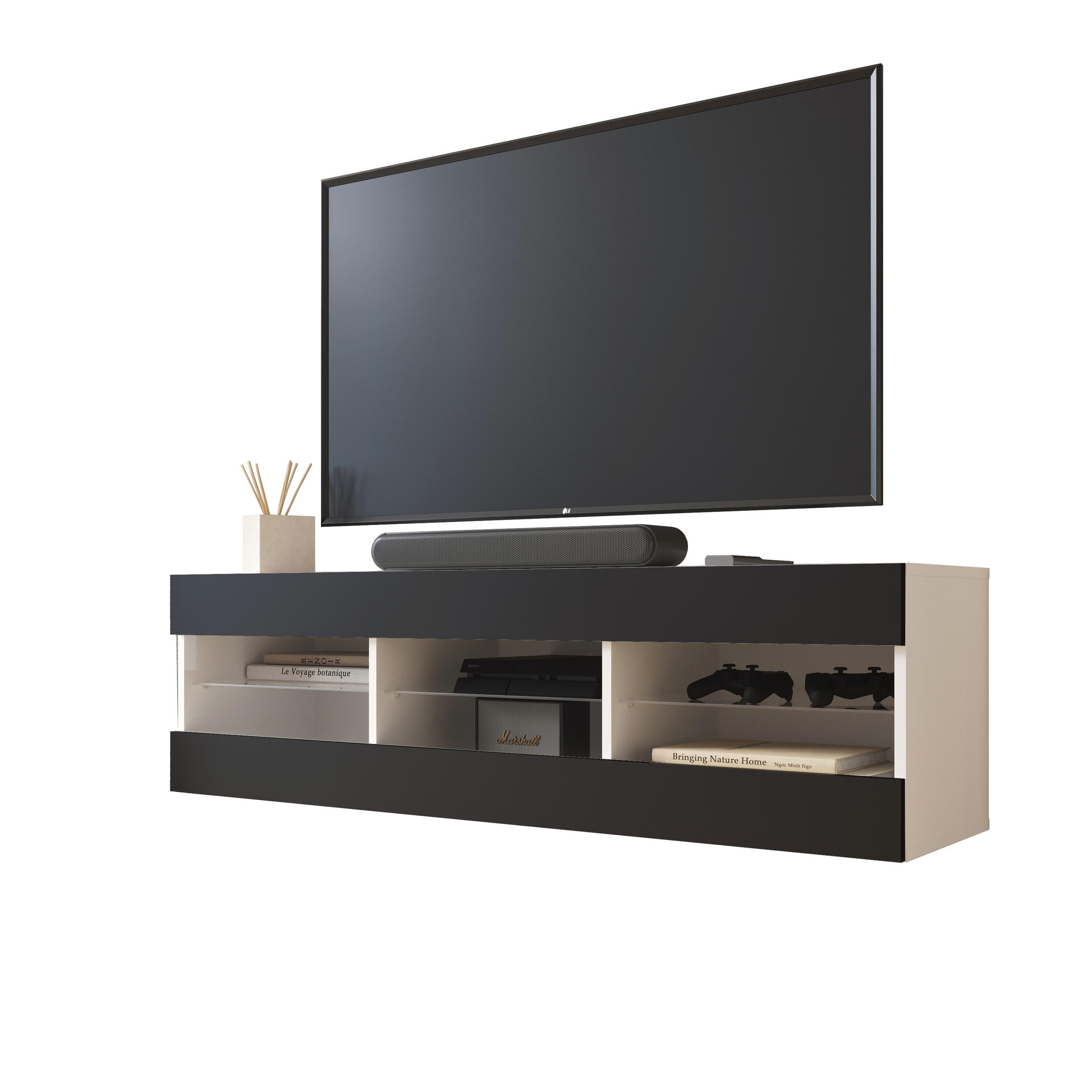 LOWBOARD TIVOLI RTV 140, Schwarz - Schwarz/Weiß, Glas/Holzwerkstoff (140/40.5/35.5cm) - Komodee