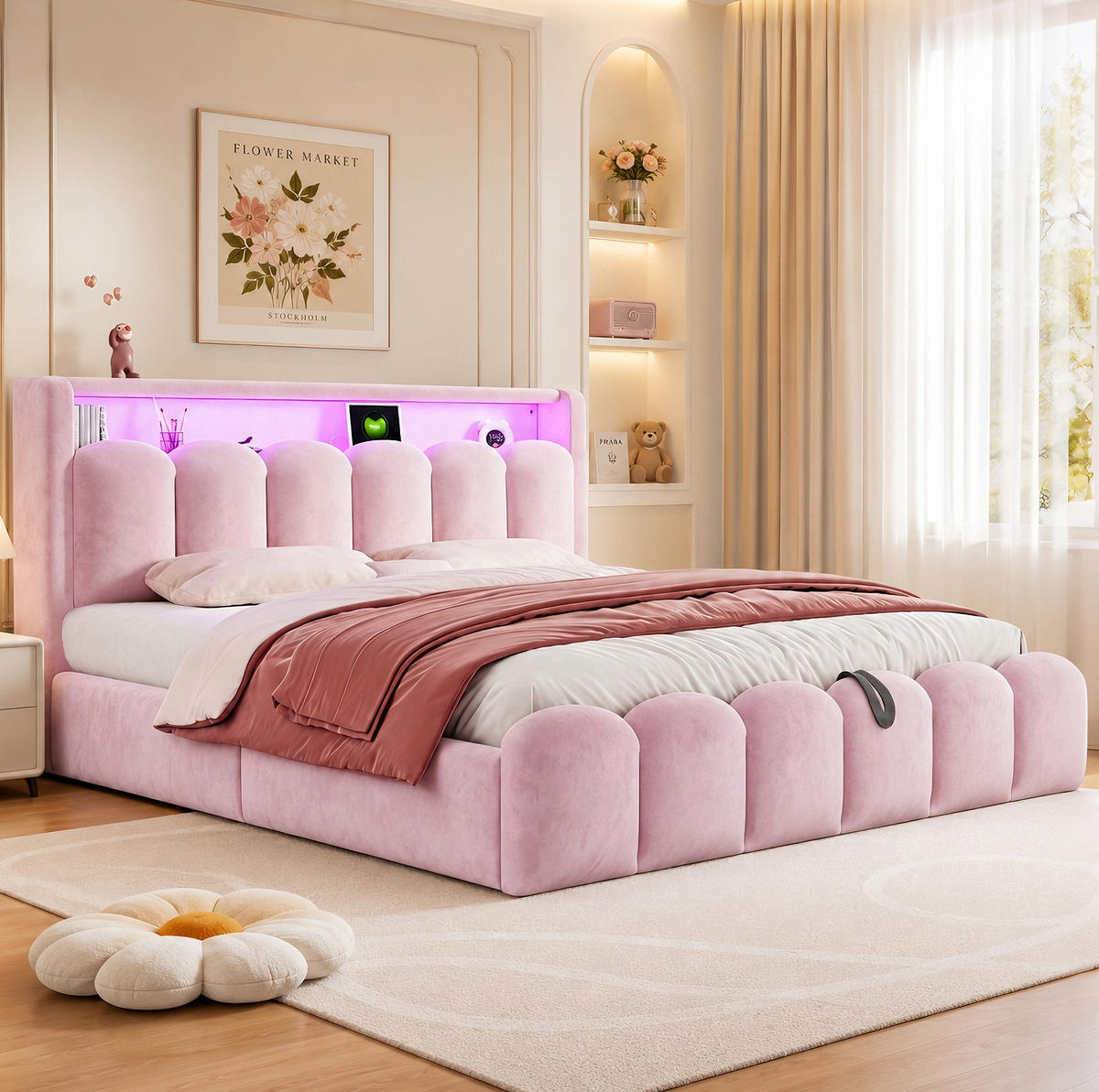 POLSTERBETT aus Samtstoff 180x200 cm Pink mit Bettkasten, Kopfteil-Stauraum, LED und USB-Anschlüssen - Pink, Textil (180/200cm) - Modfu