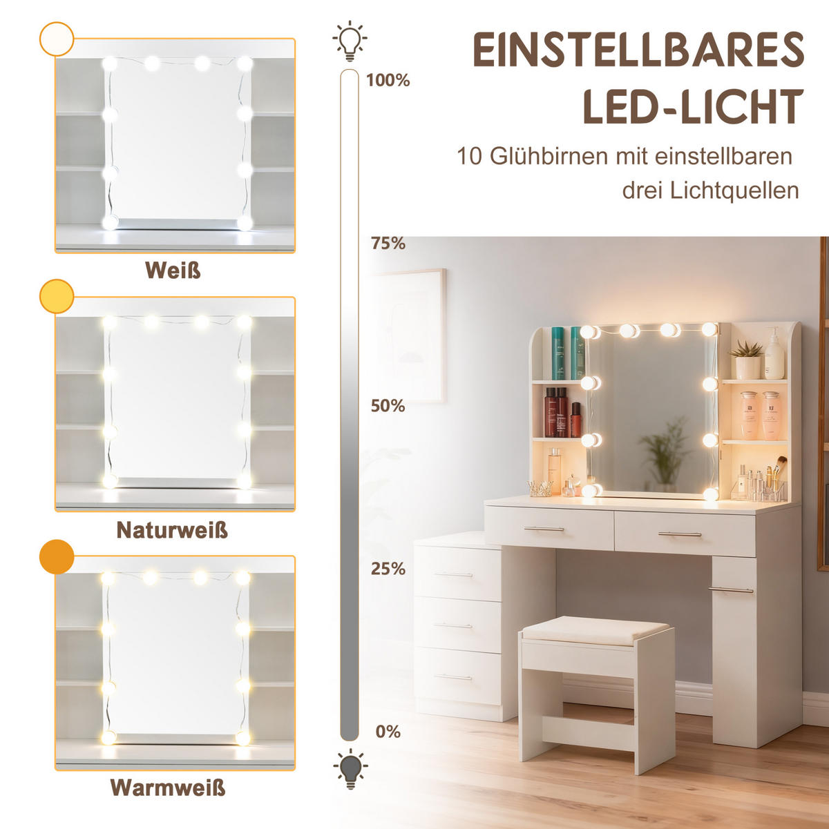 SCHMINKTISCH 100/40.5/136 mit Schiebespiegel, verstecktem Stauraum, LED-Beleuchtung und Hocker, Weiß - Weiß, Holzwerkstoff (100/136/40.5cm) - Redom