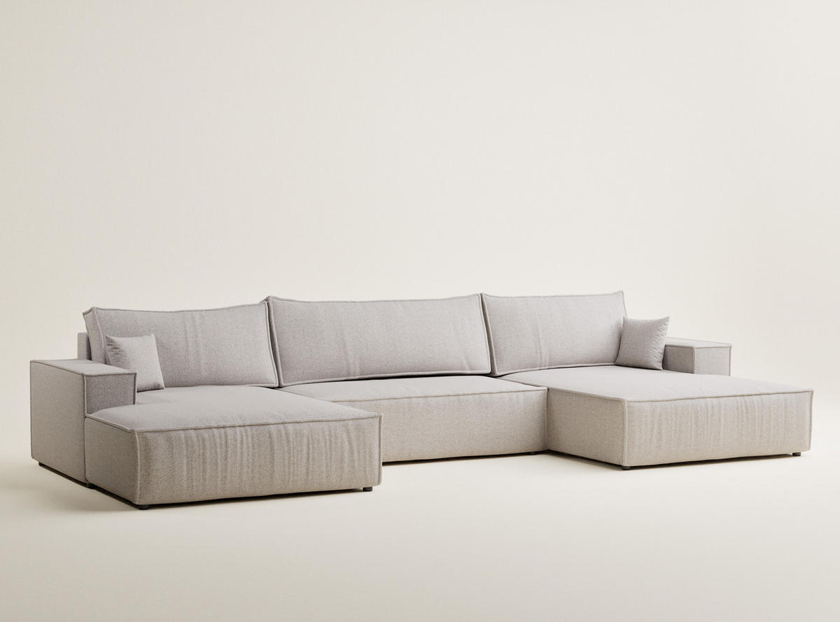 WOHNLANDSCHAFT Kyoto Hellbeige Webstoff - Beige/Schwarz, Holz/Holzwerkstoff (398/70/148cm) - Maison de Reve