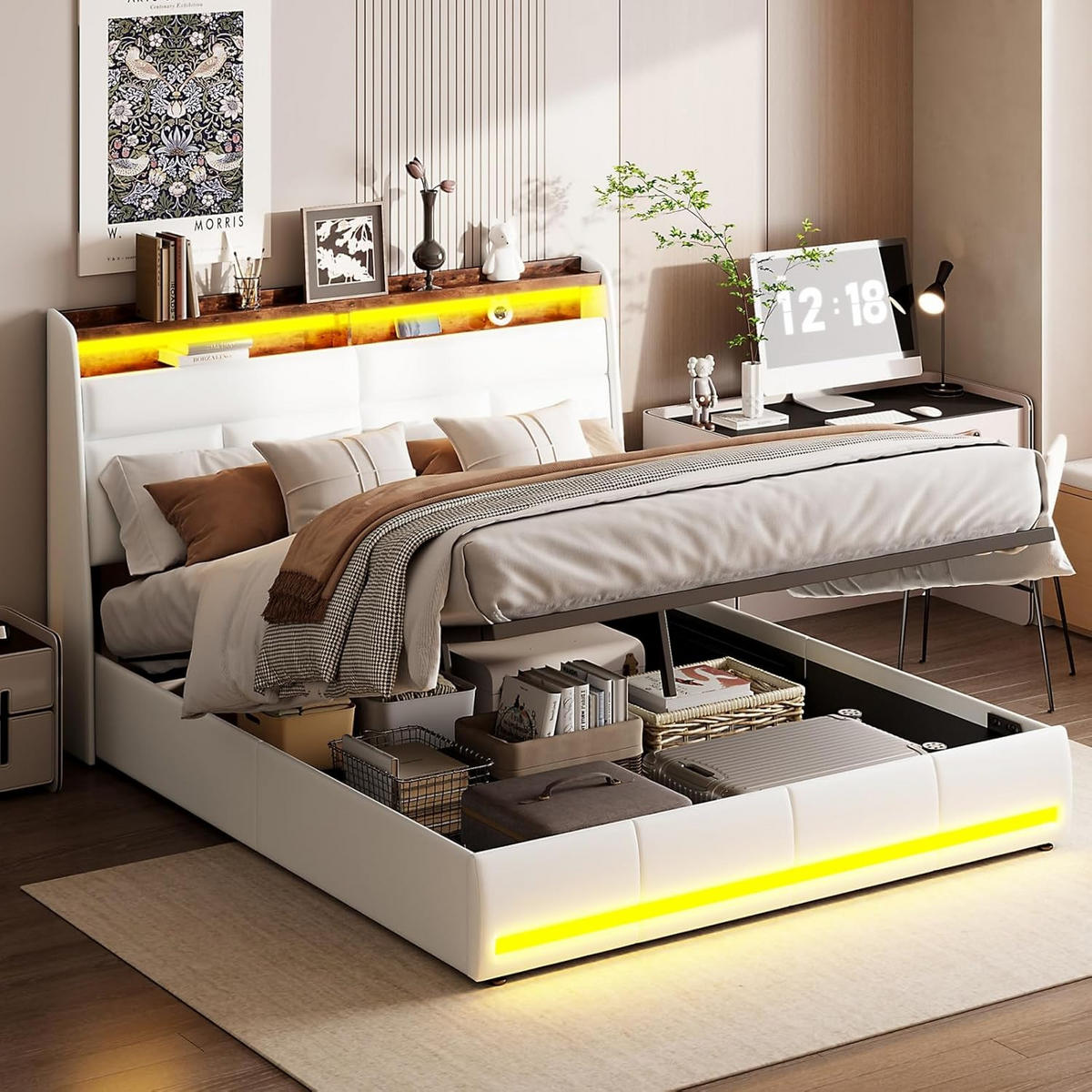 POLSTERBETT LED Stauraum Weiß 140/200 cm - Weiß, Holzwerkstoff - Kaket