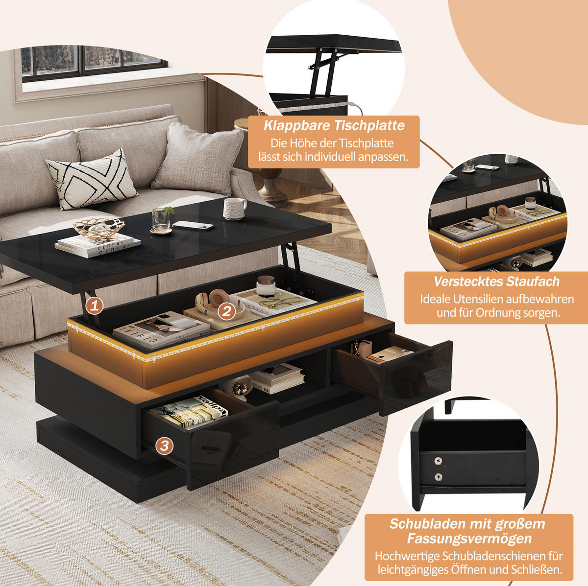 COUCHTISCH 100/50/40 cm aus Spanplatte, höhenverstellbar mit LED, USB-Anschluss und 2 Schubladen, Schwarz - Schwarz, Holzwerkstoff (100/50/40cm) - Modfu