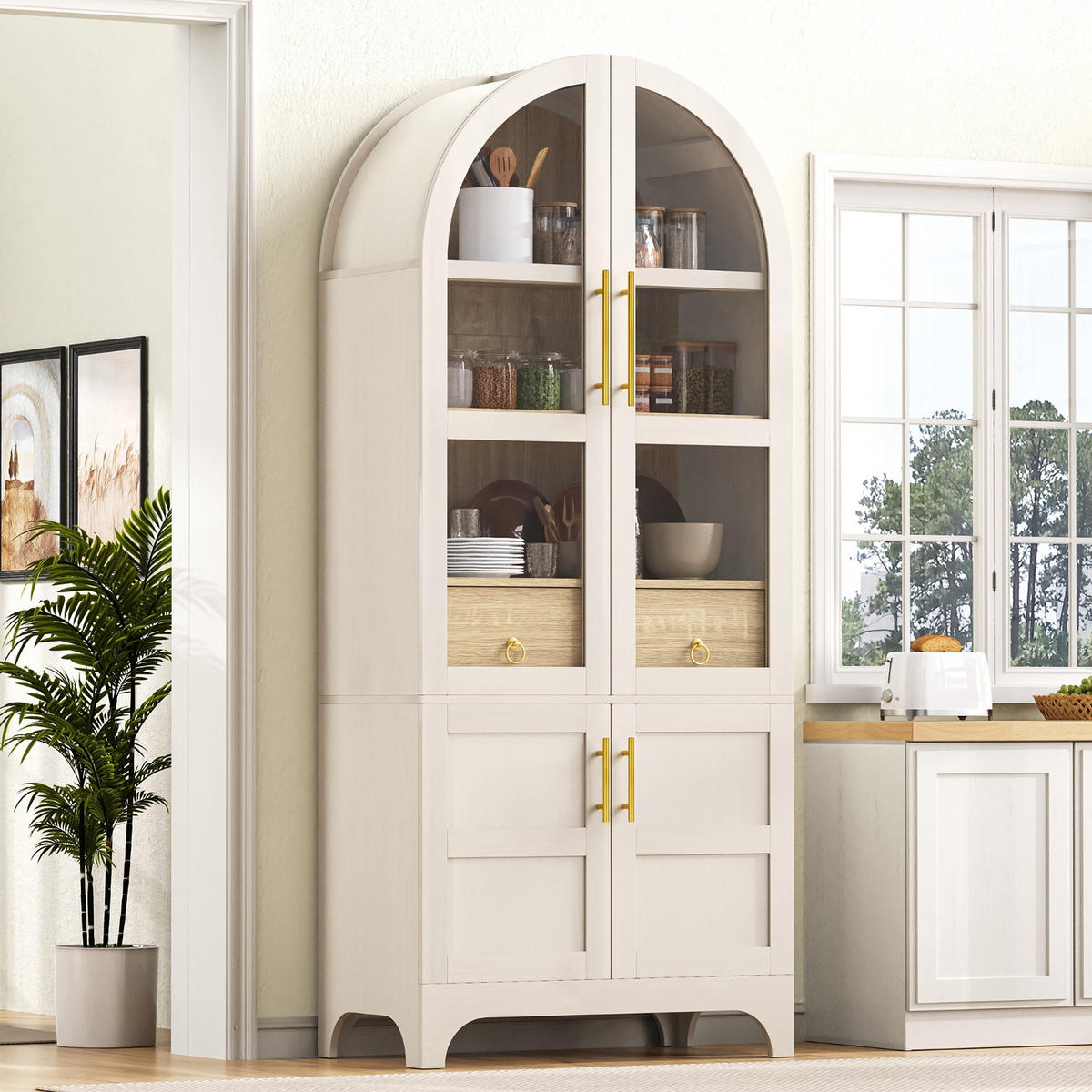 KÜCHENSCHRANK, 76/40/180 cm, MDF und Riffelglas, Weiß, MIT VERSTELLBAREN REGALBÖDEN, für Esszimmer und Küche - Weiß, Holzwerkstoff (40/180/76cm) - Rolipo
