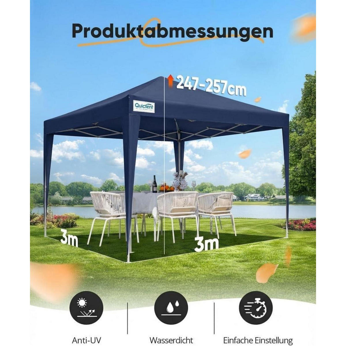 FALTPAVILLON 3 x 3 m Blau mit Seitenwänden - Blau, Textil (294/265/294cm)