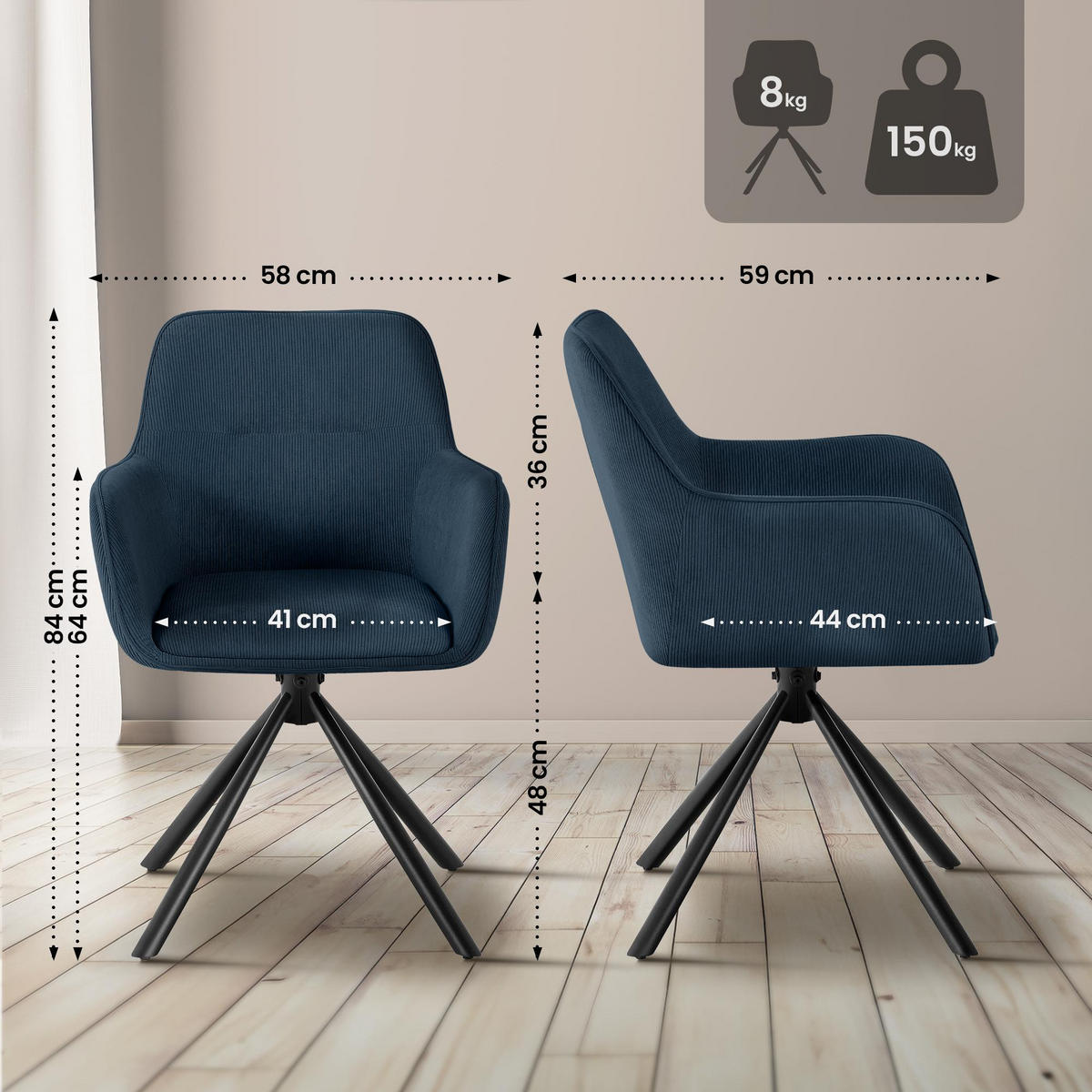 ARMLEHNENSTUHL Cord Blau - Blau/Schwarz, Textil/Metall (58/84/59cm) - CLP