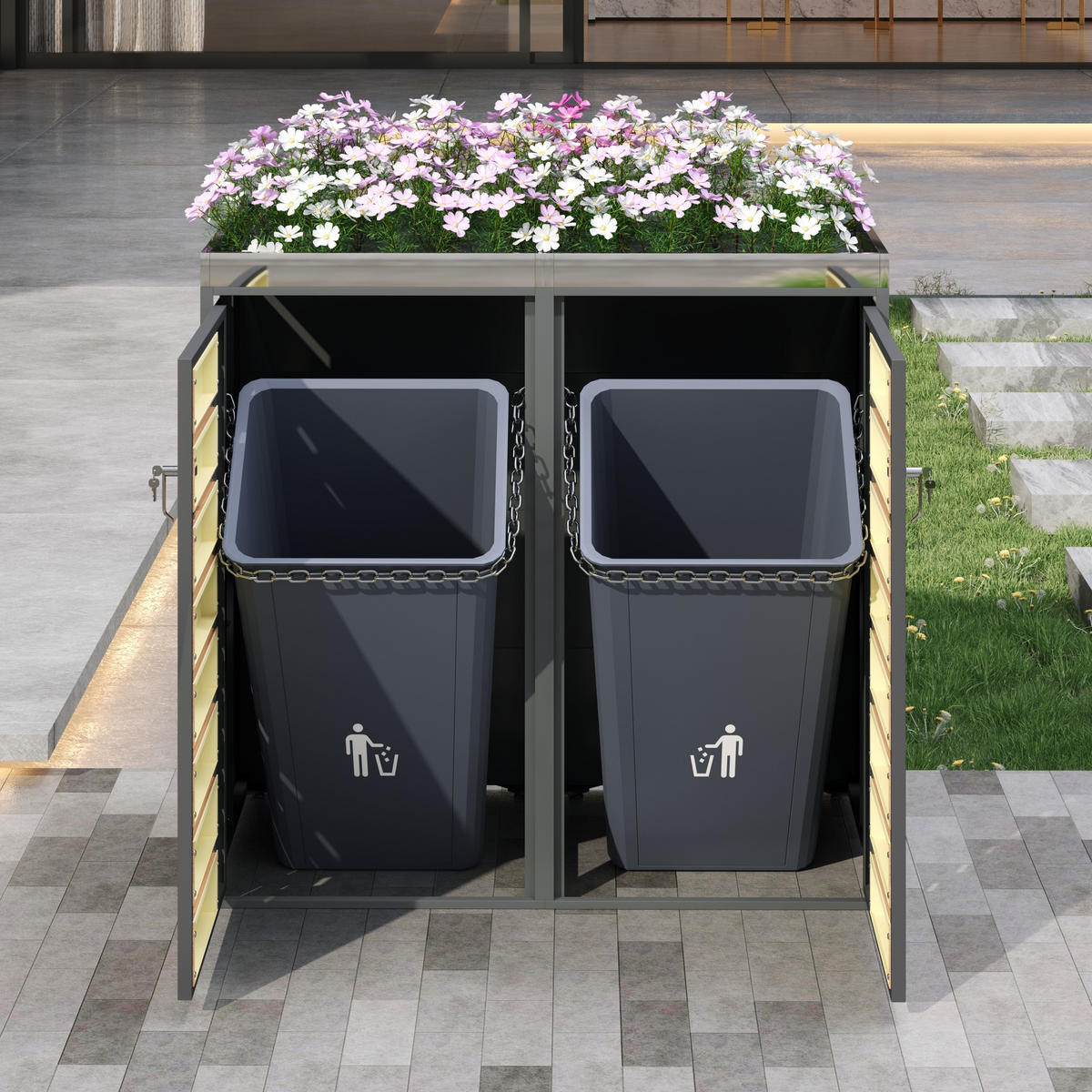 MÜLLTONNENBOX 2 Türen Holzoptik Pflanzfläche - Grau, Metall (132/124.58/80cm) - LEBENLANG