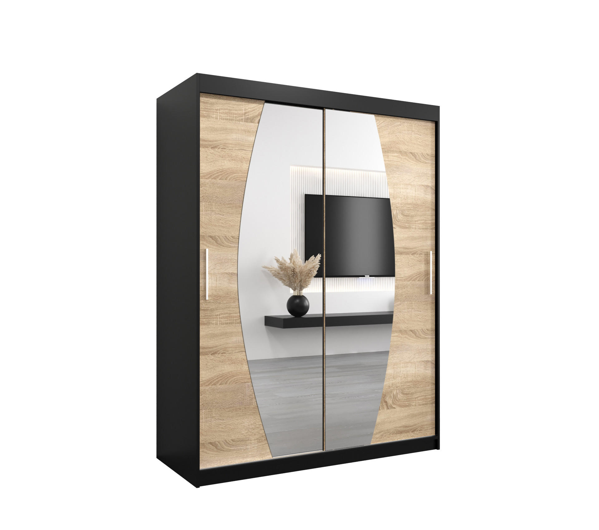Abiks Möbel Schwebetürenschrank Schwarz, Sonoma Eiche 150x200x62 cm