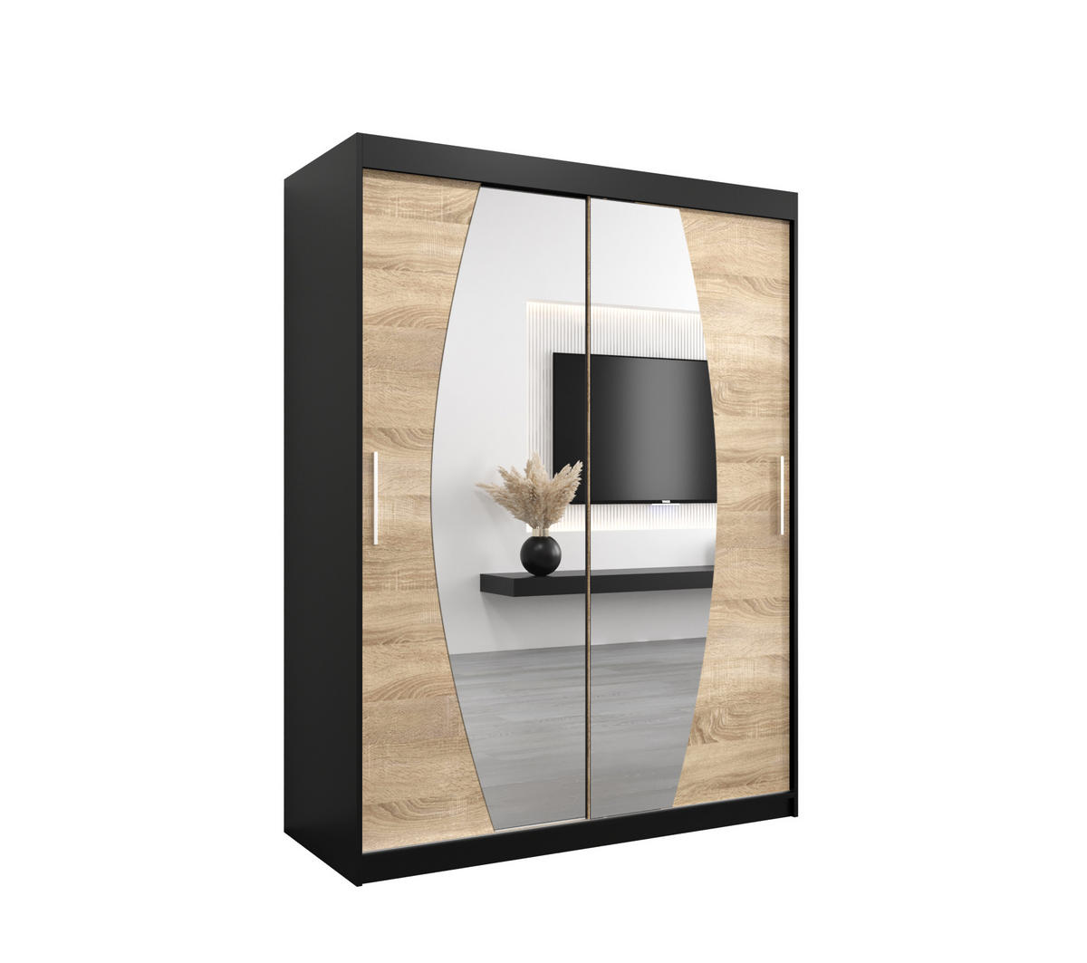 SCHWEBETÜRENSCHRANK 200/150/62 2-türig - Silberfarben/Schwarz, Holz/Kunststoff (150/200/62cm) - Abiks Möbel