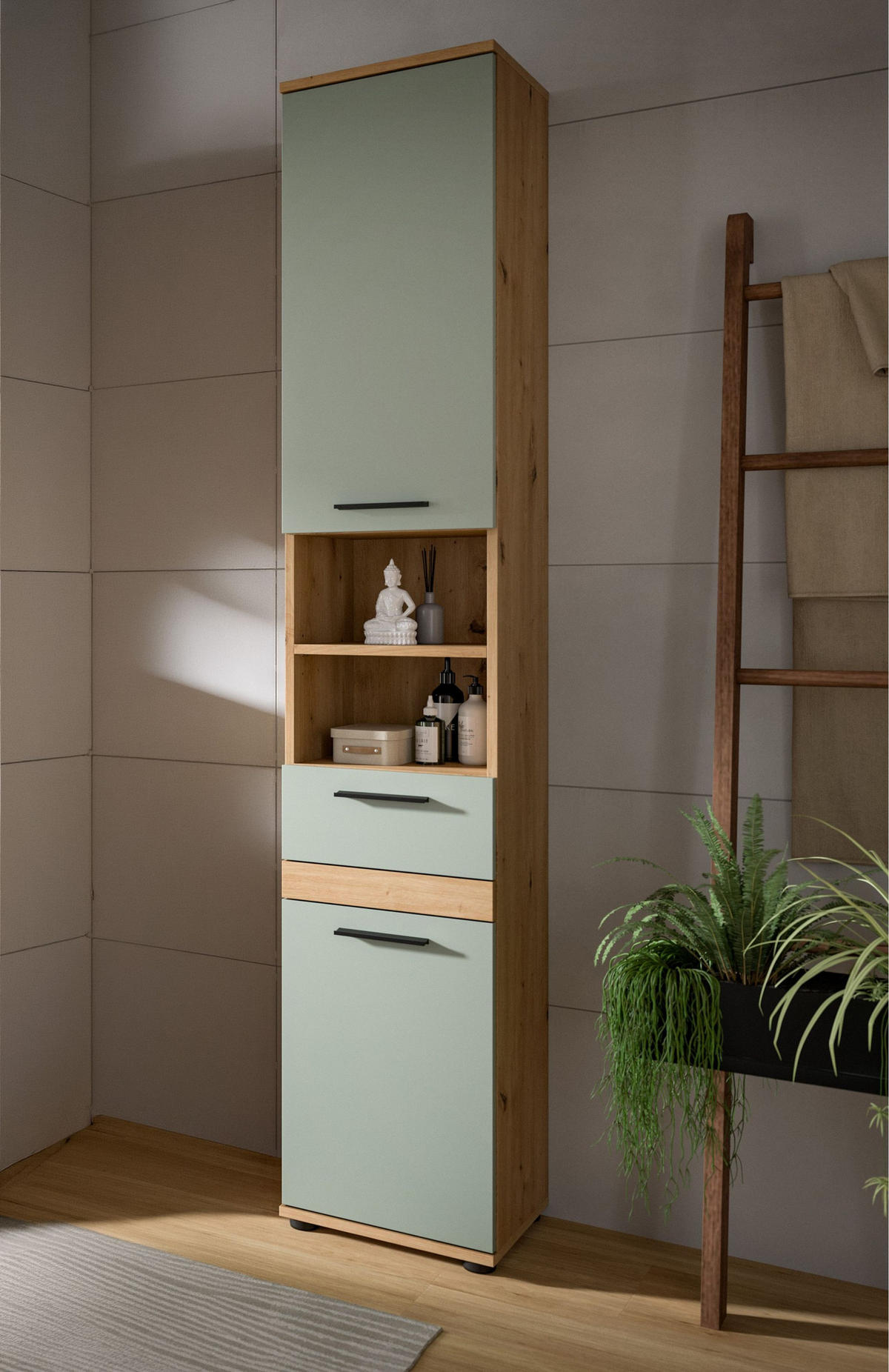HOCHSCHRANK Flint (B/H/T: 35x191x31 cm) in Salbei und Artisan Eiche Nachbildung - Eiche Artisan, Holzwerkstoff (35/191/31cm) - Homes & Jones