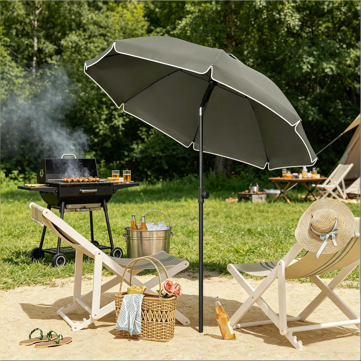 SONNENSCHIRM Metallgestell 135cm Grau Höhenverstellbar Neigbar - Grau, Textil (155/135cm) - Raelunyi