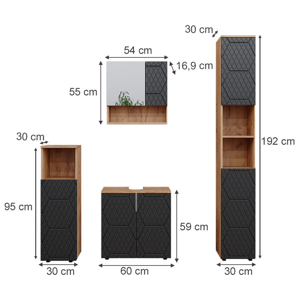 BADMÖBEL-SET Irma Anthrazit gestreift 4 Teile, mit Hochschrank - Honigeiche/Anthrazit, Holzwerkstoff (80/58.6/41cm) - Vicco