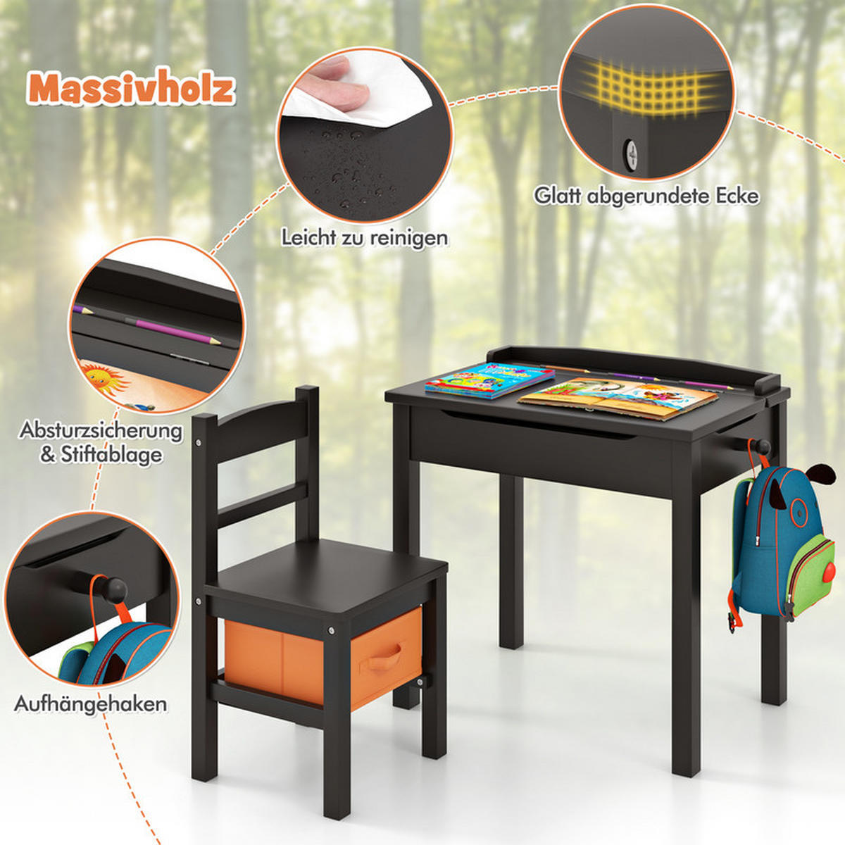 KINDERTISCH‑SET aus Massivholz braun(2-tlg) - Braun, Holz (59/55/40cm) - COSTWAY