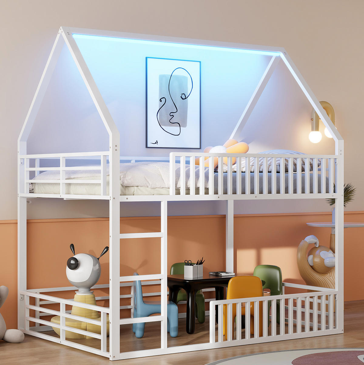 ETAGENBETT in Hausform mit LED-Licht 140x200 cm Metall Weiß - Weiß, Metall (140/200cm) - Beauniv