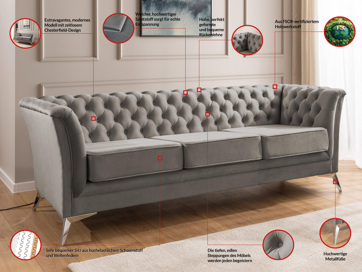 SITZGARNITUR 3+2 Chesterfield Whitby Grau Samt mit silbernen Füßen - Silberfarben/Grau, Holz/Textil (237/78/82cm) - S-Style Möbel