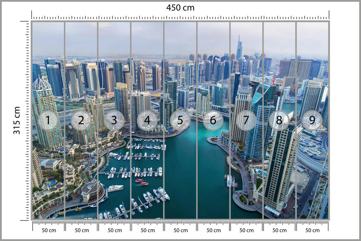 FOTOTAPETE für Wohnzimmer Dubai Vogelperspektive Wolkenkratzer 450x315 - Türkis/Blau, Papier (450/315cm) - Muralo