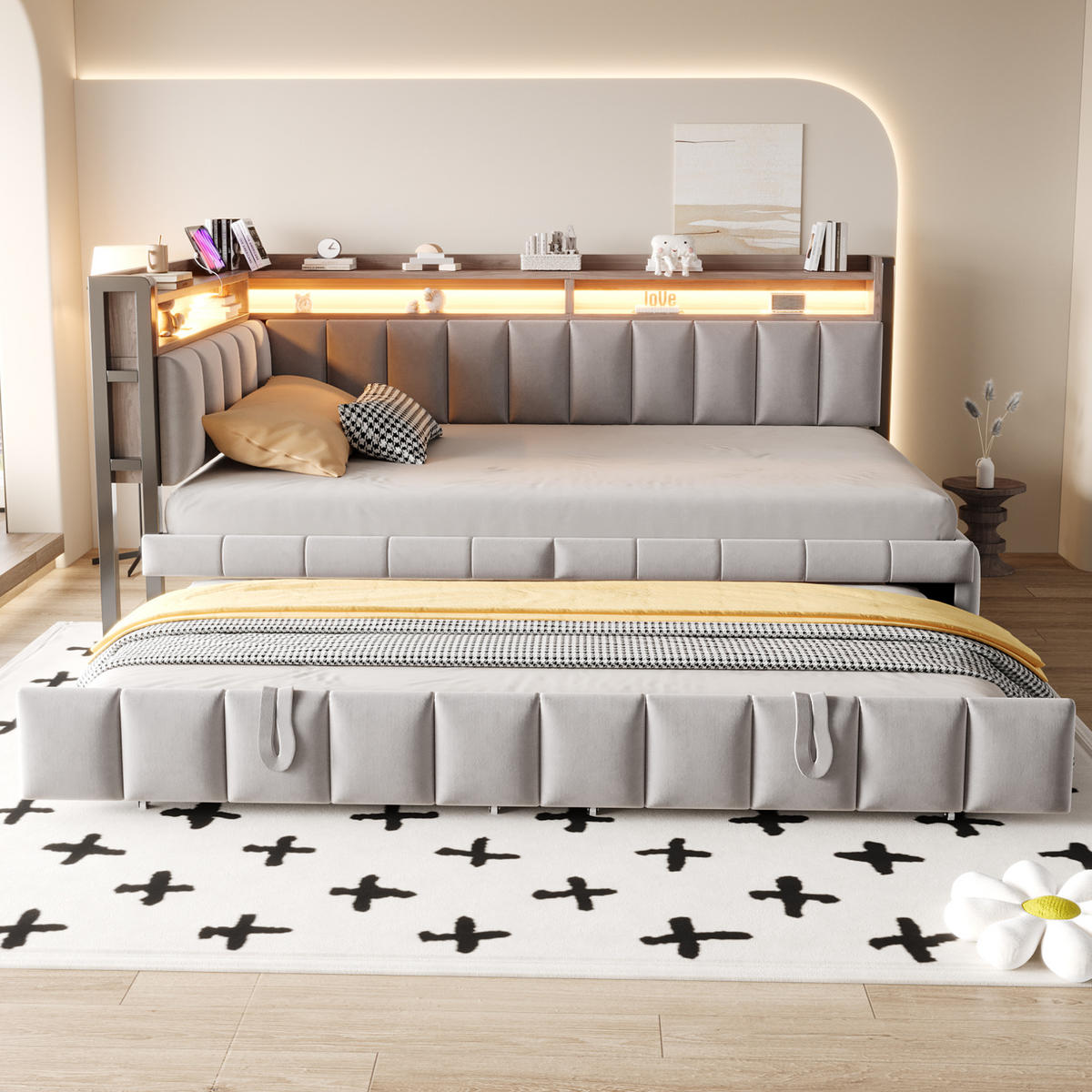 SCHLAFSOFA 90/200 cm & 90/190 cm in Hellgrau Samt mit LED, USB und Ablage - Hellgrau, Holzwerkstoff/Textil (90/200cm) - WISHDOR