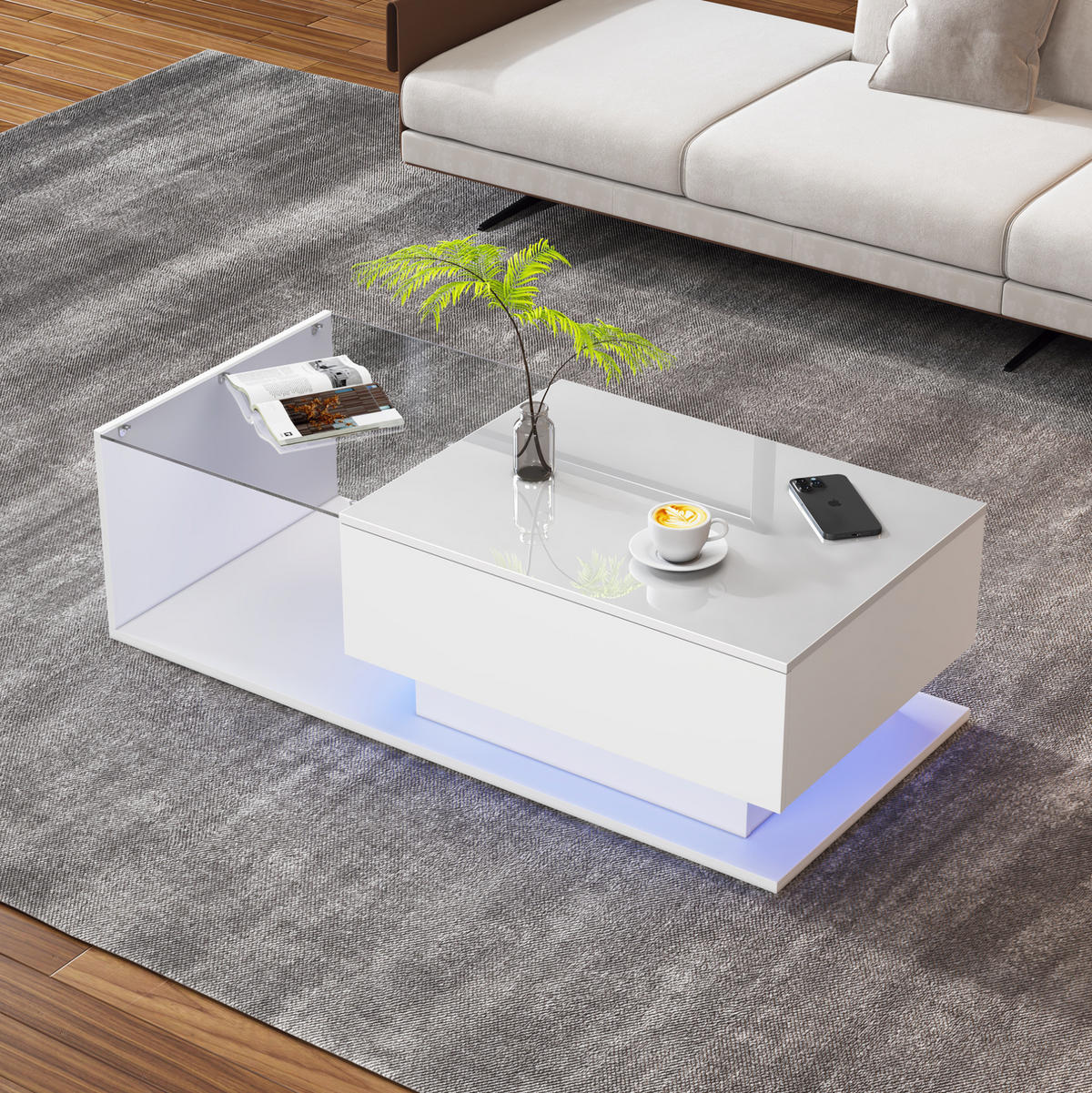 COUCHTISCH 100/50/32 cm in Weiß aus Spanplatte mit Schublade und LED-Beleuchtung - Weiß, Holzwerkstoff (100/50/32cm) - OKMYHOME