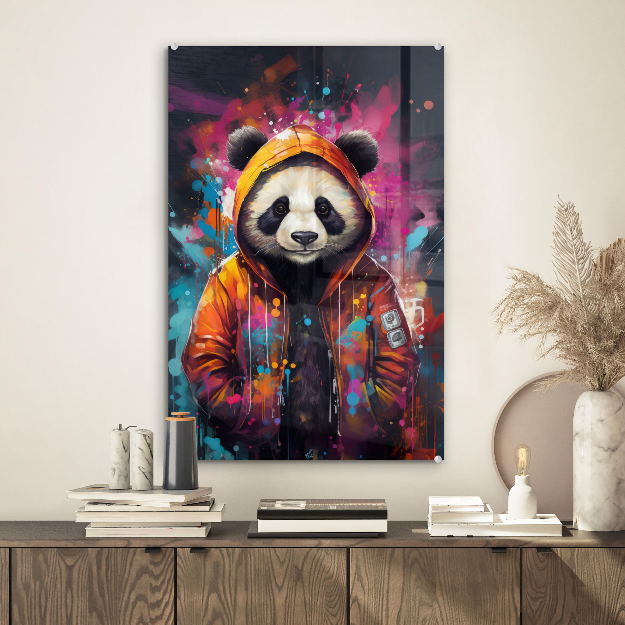 ACRYLGLASBILD Panda - Jacke - Graffiti - Orange 40x60 cm - Orange, Glas (40/60cm) - MuchoWow