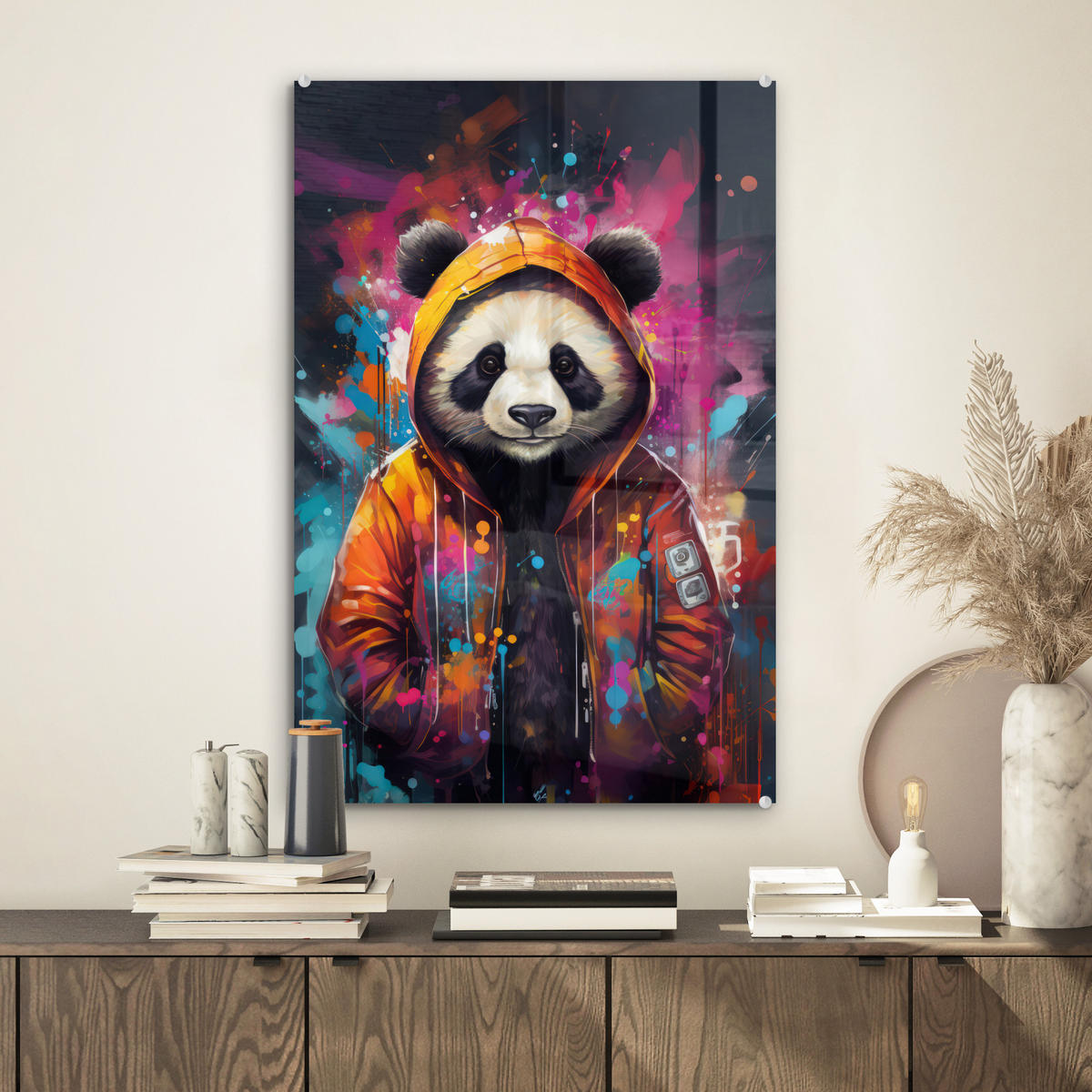 ACRYLGLASBILD Panda - Jacke - Graffiti - Orange 40x60 cm - Orange, Glas (40/60cm) - MuchoWow