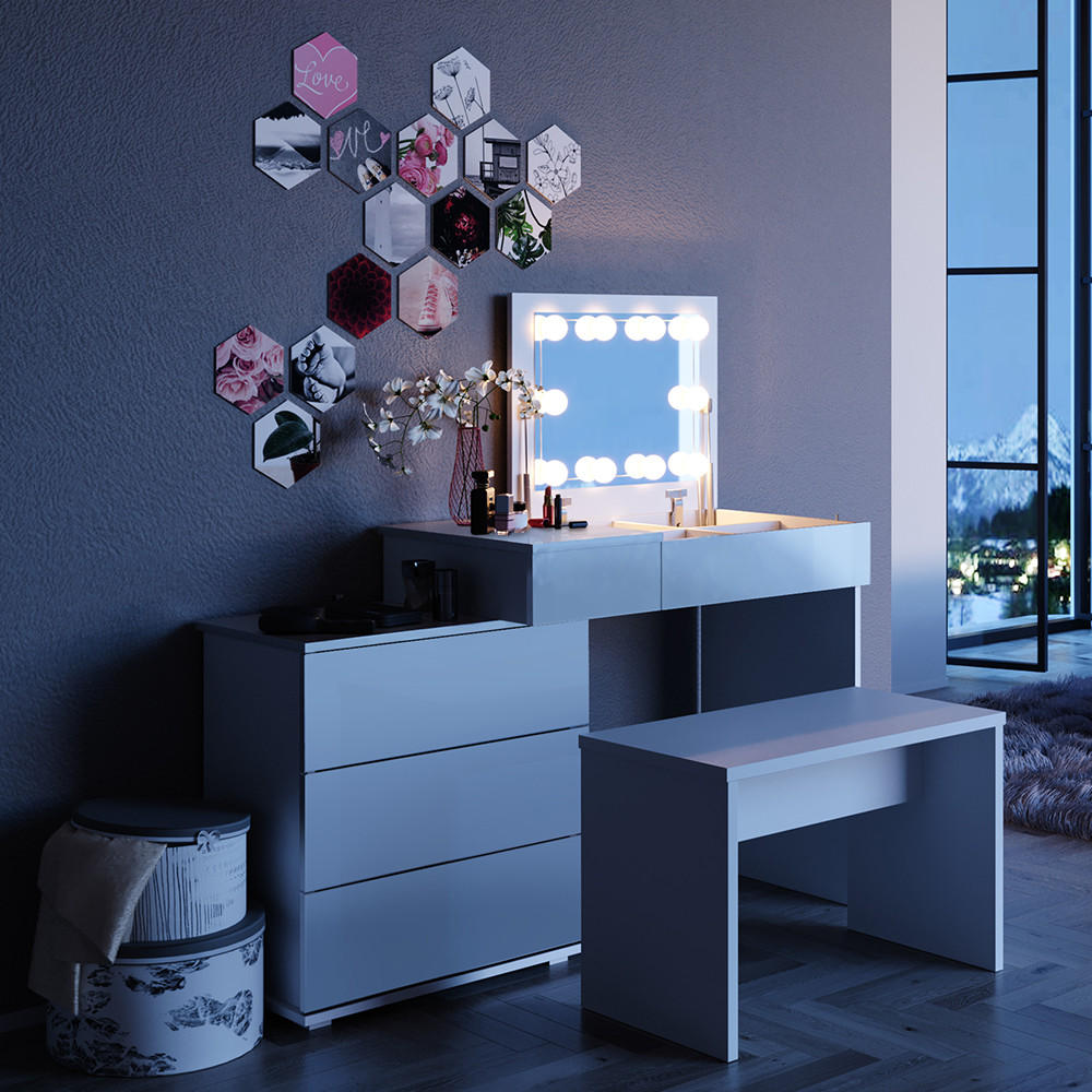 SCHMINKTISCH Lotos Weiß 117.4 cm mit LED Beleuchtung und Bank - Weiß, Holzwerkstoff (117.4/78/45cm) - Vicco