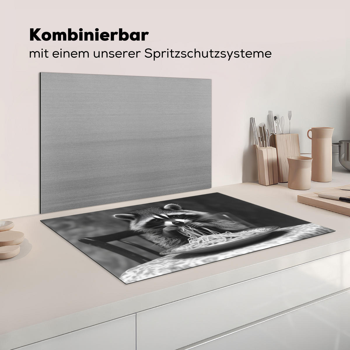 HERDABDECKPLATTE Waschbär - Niedlich - Pasta - Tischtuch - Schwarz - Weiß Ceranfeldabdeckung 80x52 cm - Grau, Kunststoff (80/52/0.2cm) - MuchoWow