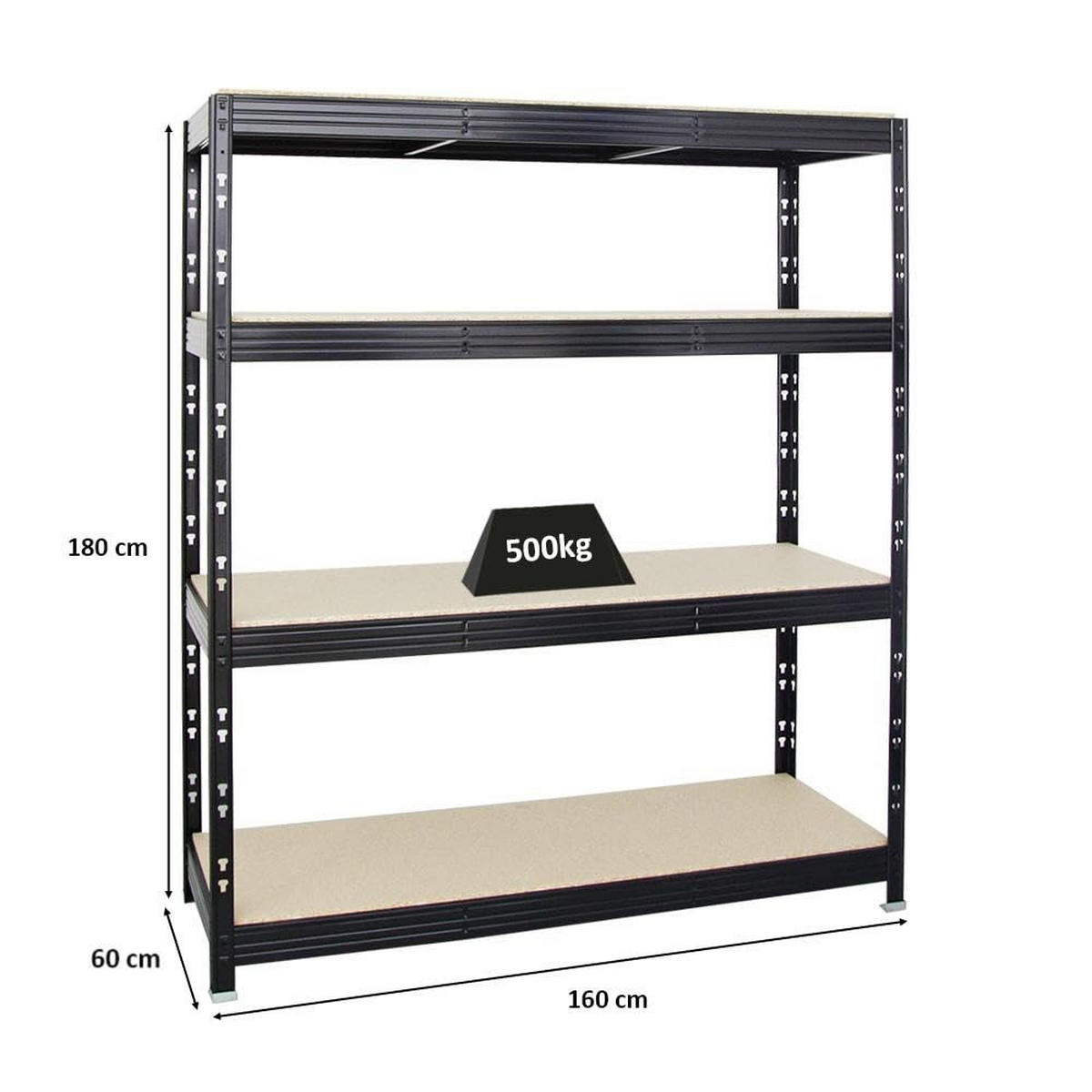 SCHWERLASTREGAL Rhino 180x160x60 cm 4 Spanplatten-Ebenen 16mm Fachlast 500 kg Schwarz - Schwarz, Metall (160/180/60cm) - PROREGAL