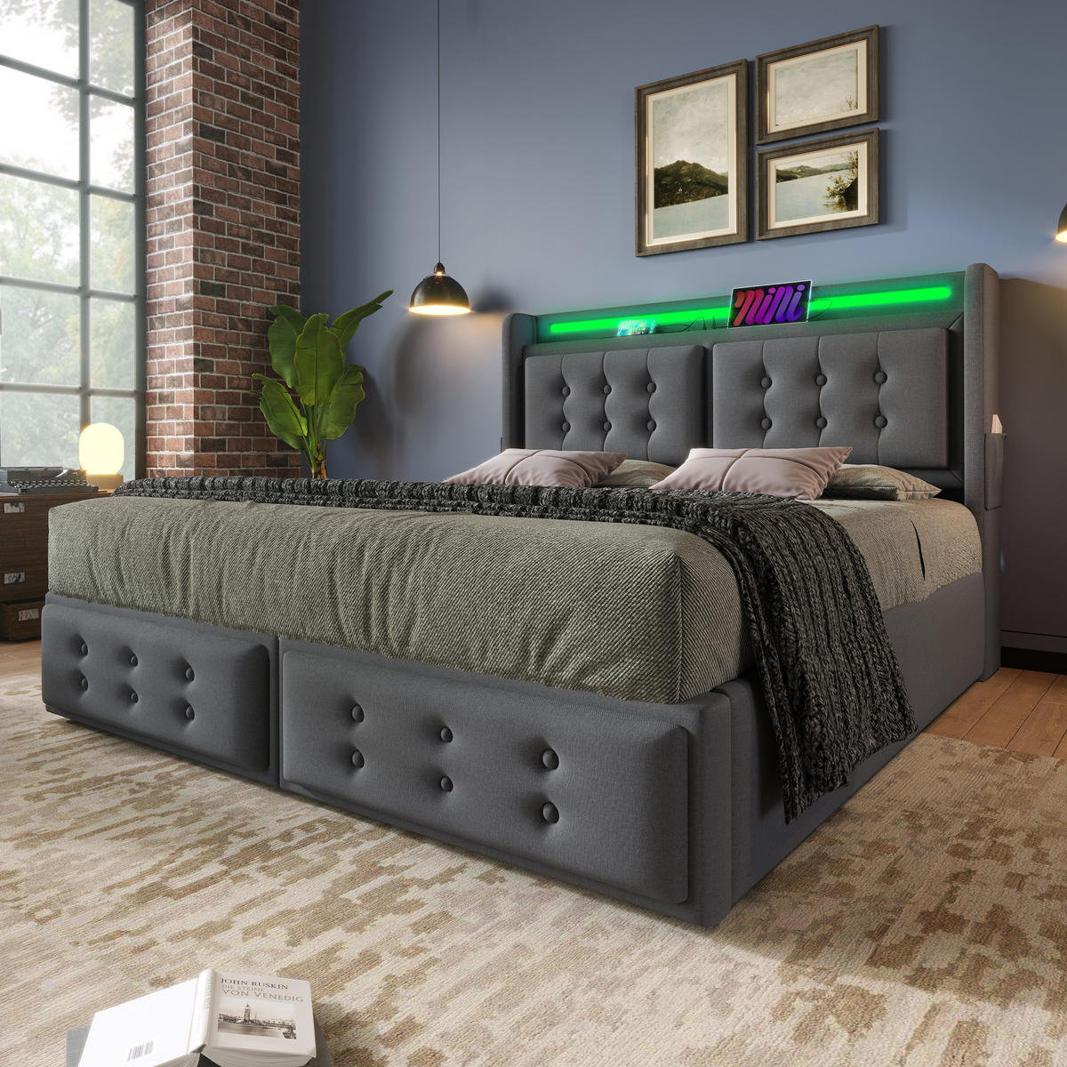 POLSTERBETT 160/200 cm Grau aus Baumwoll-Leinen mit LED und Ladefunktion - Grau, Textil (160/200cm) - OKWISH