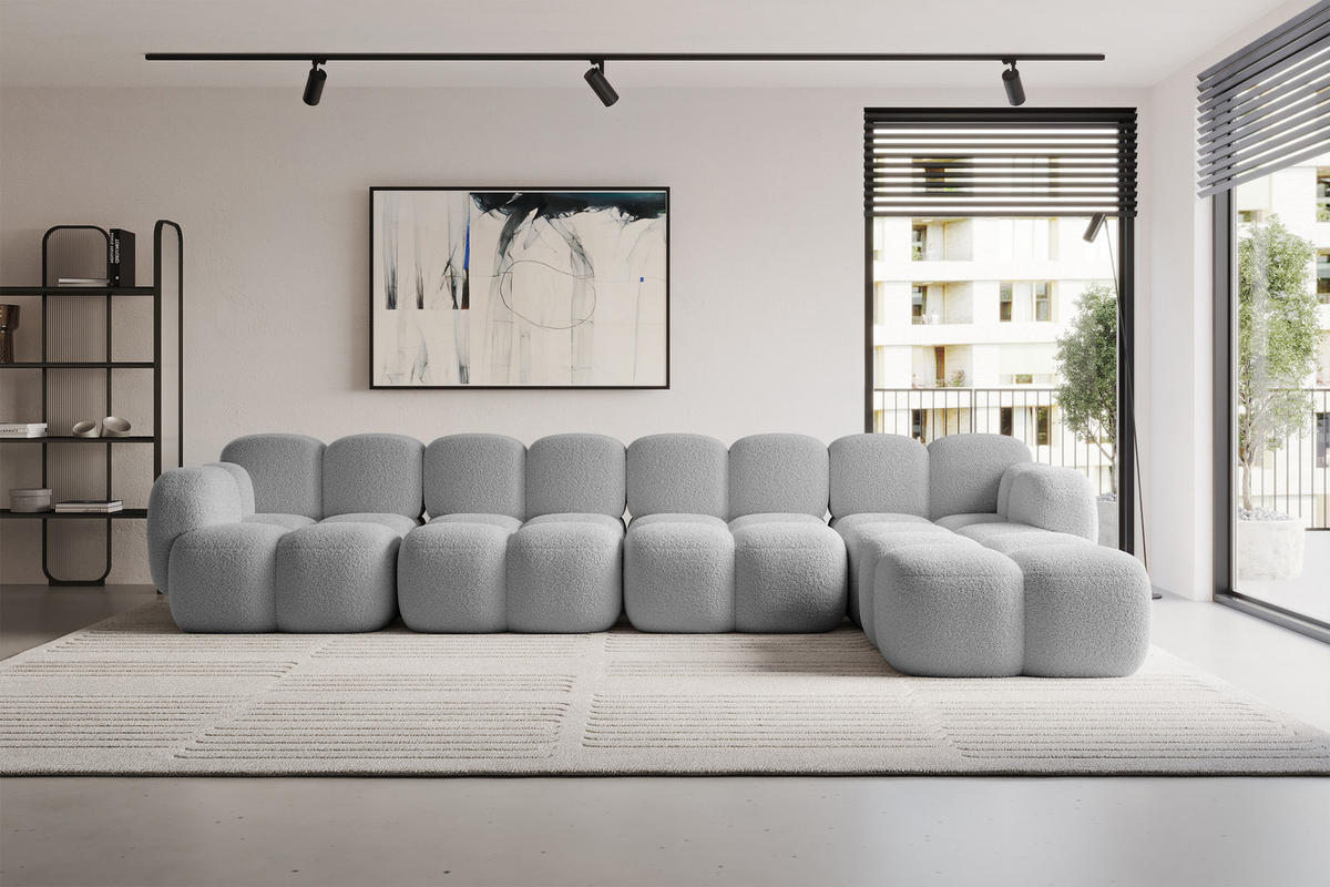 ECKSOFA modulares Sofa Rechts Miko-L3 390x205x75 Hellgrau Bouclé - Edelstahlfarben/Schwarz, Holzwerkstoff/Kunststoff (390/205cm) - ALTDECOR