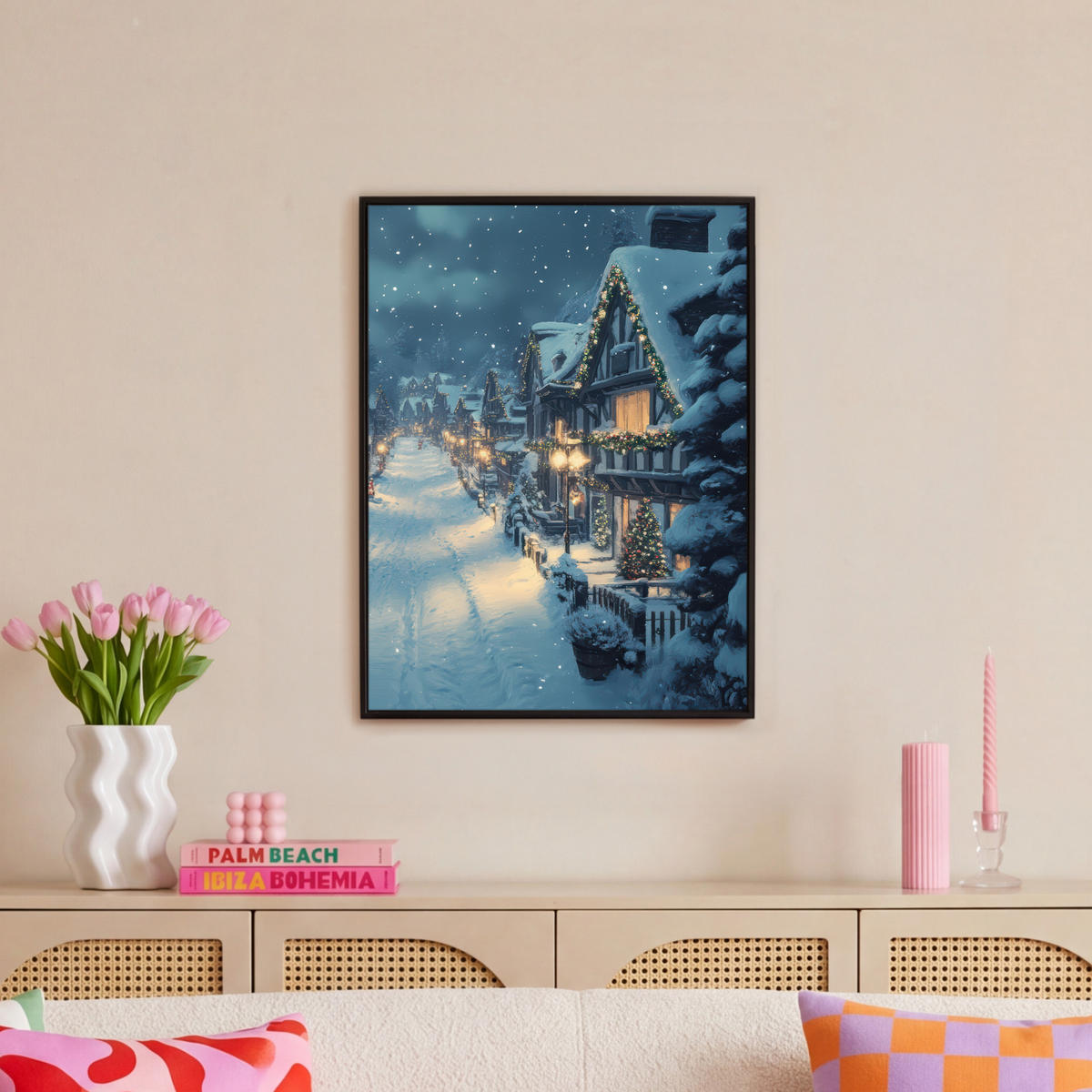 LEINWAND Bilder mit Rahmen - Weihnachtsdorf - Weihnachten - Schnee - Winter - 50x70 - Dunkelblau, Textil (50/70cm) - MuchoWow