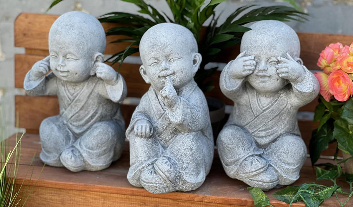 STEINFIGUR 3er große Buddha Shaolin Mönche nichts sehen sagen hören - Grau, Stein (14/26/17cm) - stoneandstyle