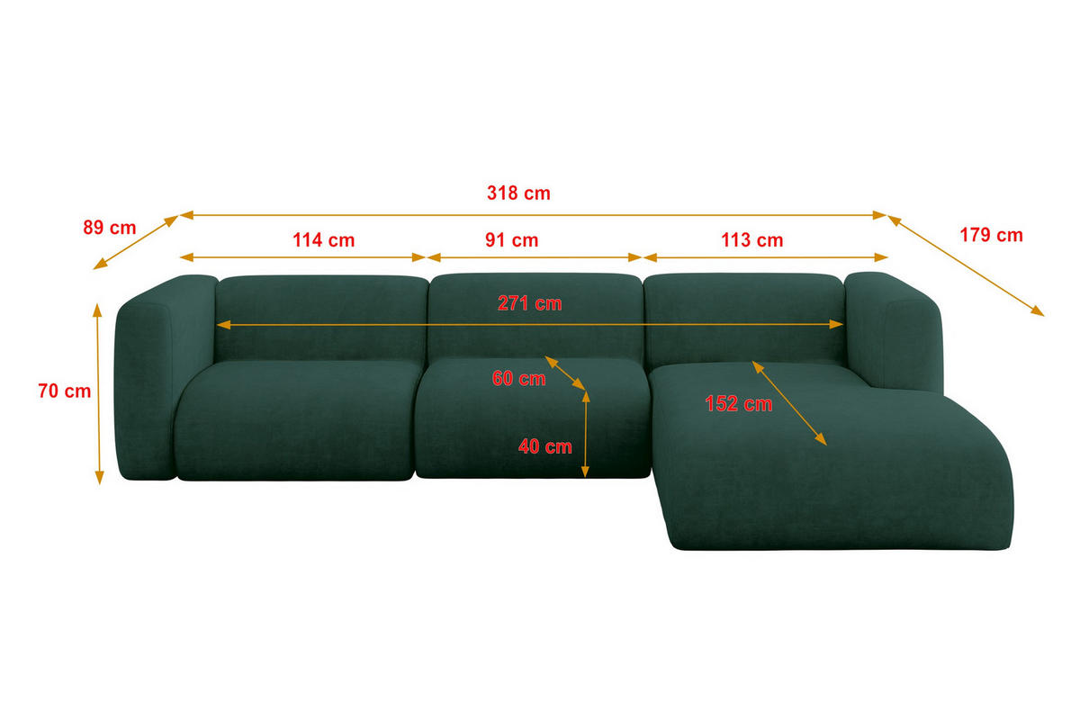 ECKSOFA Ottomane Rechts MIRA-L2 318x179x89 Grün Velours - Dunkelgrün/Schwarz, Holzwerkstoff/Kunststoff (318/179cm) - ALTDECOR