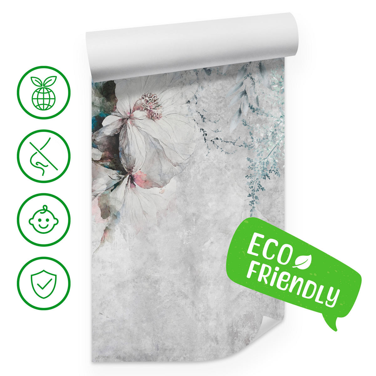 FOTOTAPETE für Schlafzimmer Zarte Blätter Beton Blumen Natur 350x256 - Schwarz/Rosa, Papier (350/256cm) - Muralo