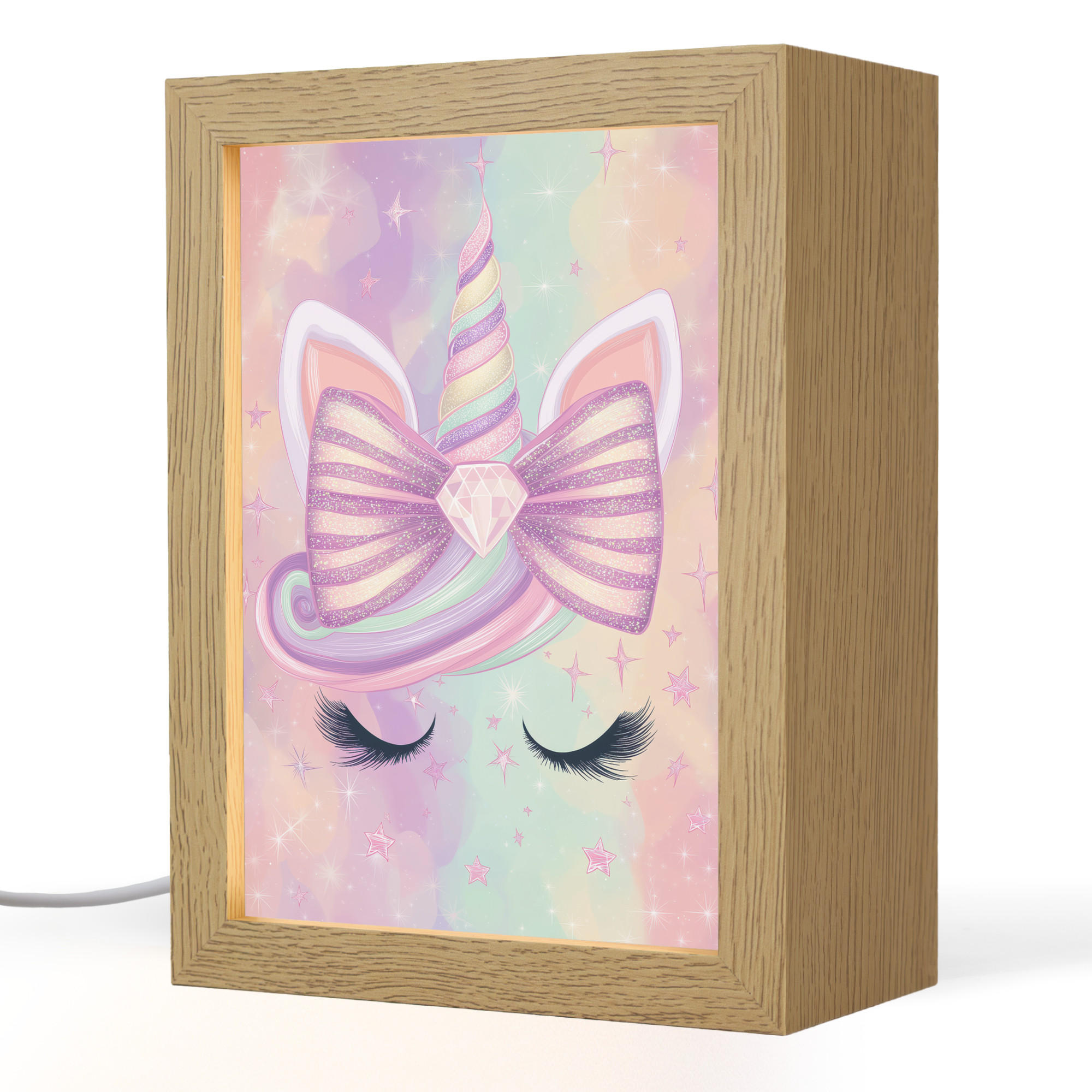 NACHTTISCHLAMPE Einhorn - Glitzer - Regenbogen - Pastell 15x20 cm - Hellrosa, Holzwerkstoff (8/15/20cm)