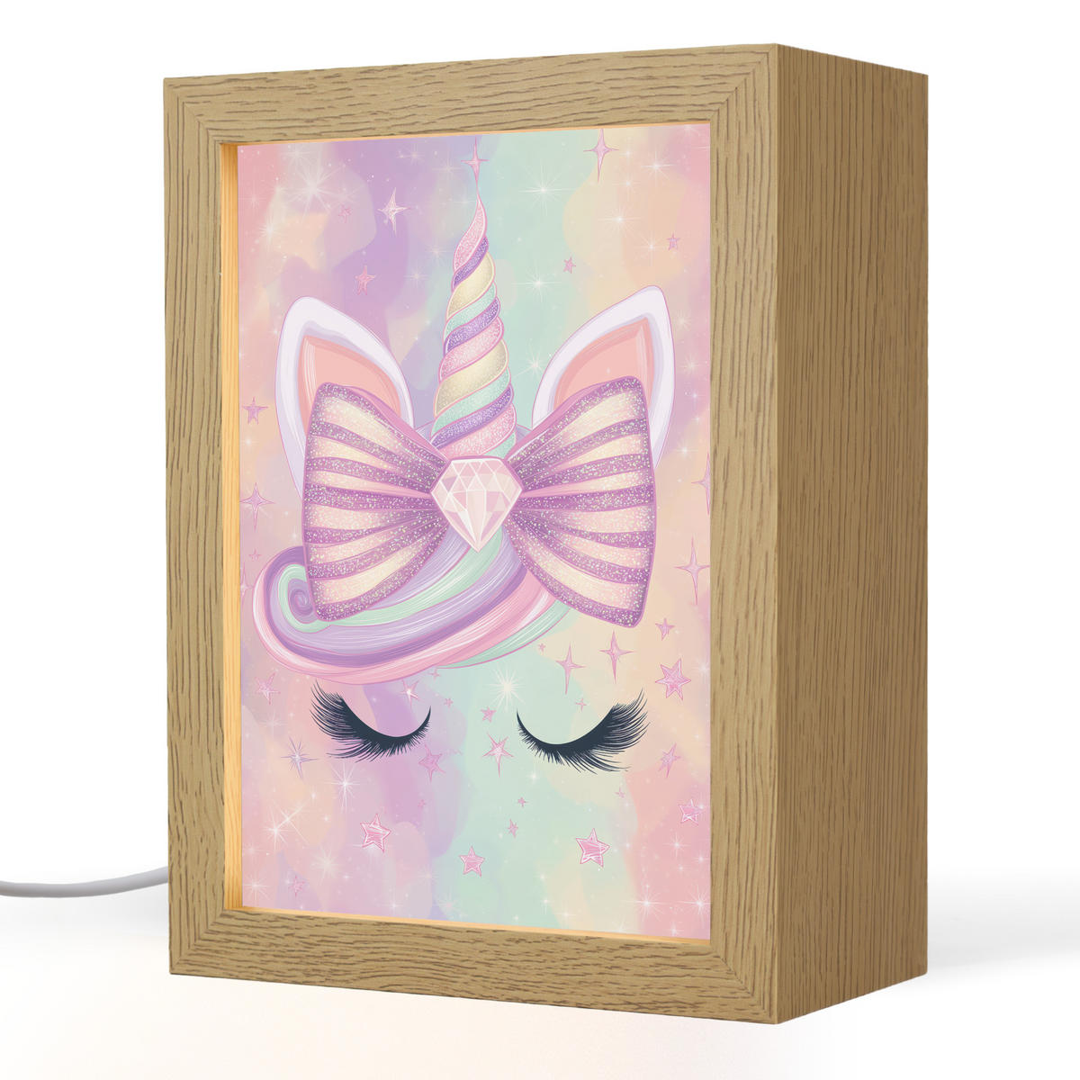 NACHTTISCHLAMPE Einhorn - Glitzer - Regenbogen - Pastell 15x20 cm - Hellrosa, Holzwerkstoff (8/15/20cm)