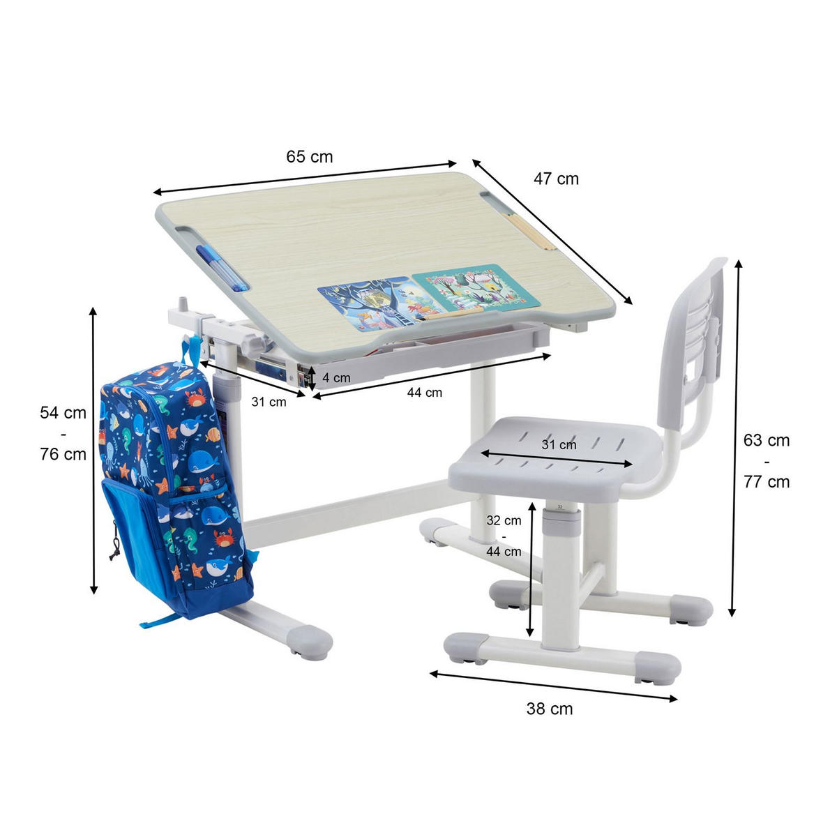 KINDERSCHREIBTISCHSET TUTTO - Grau/Sonoma Eiche, Holzwerkstoff/Metall (65/54/47cm) - CARO-Möbel
